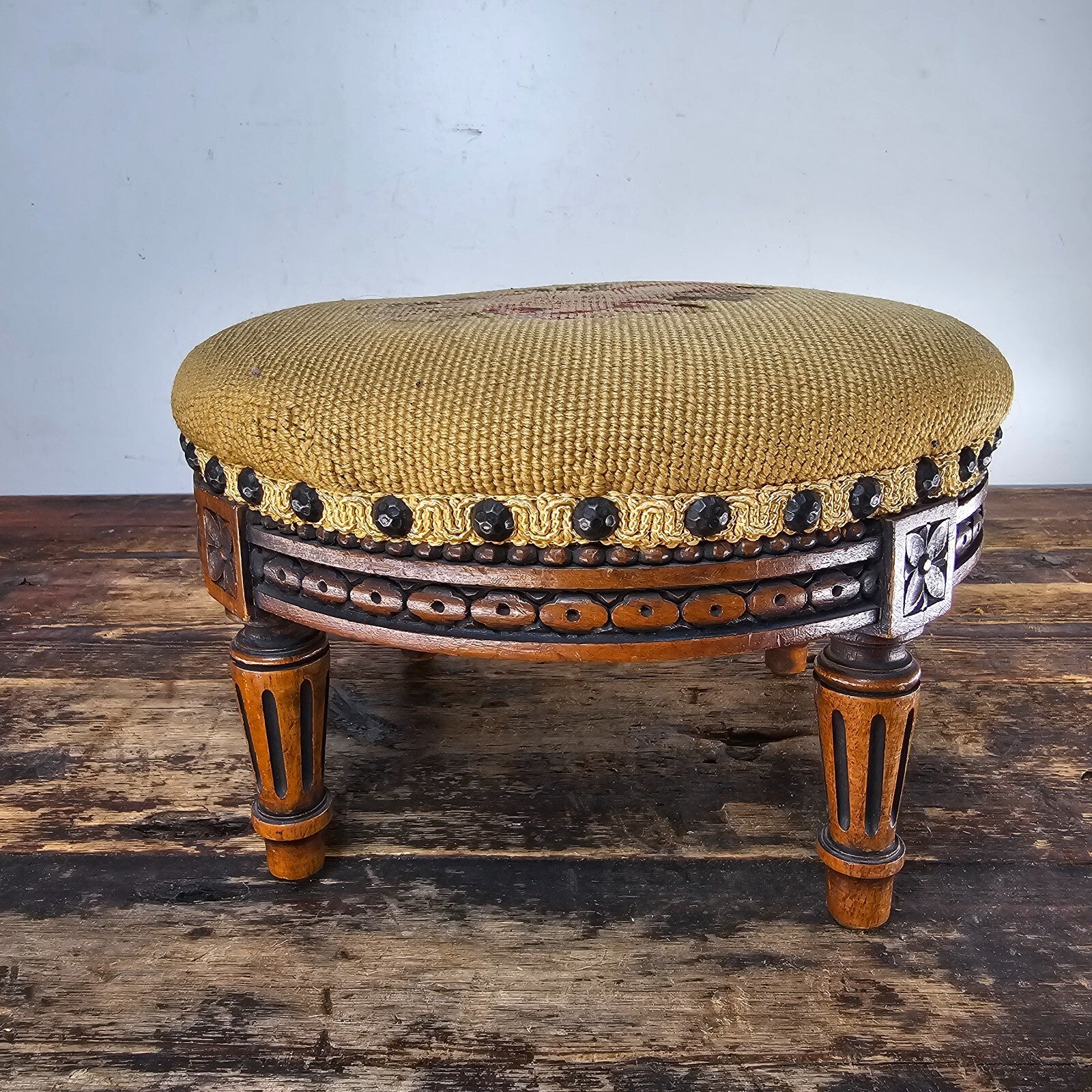 Antique French Petit Point Embroidered Footstool 11.5"Diam × 7.5"H