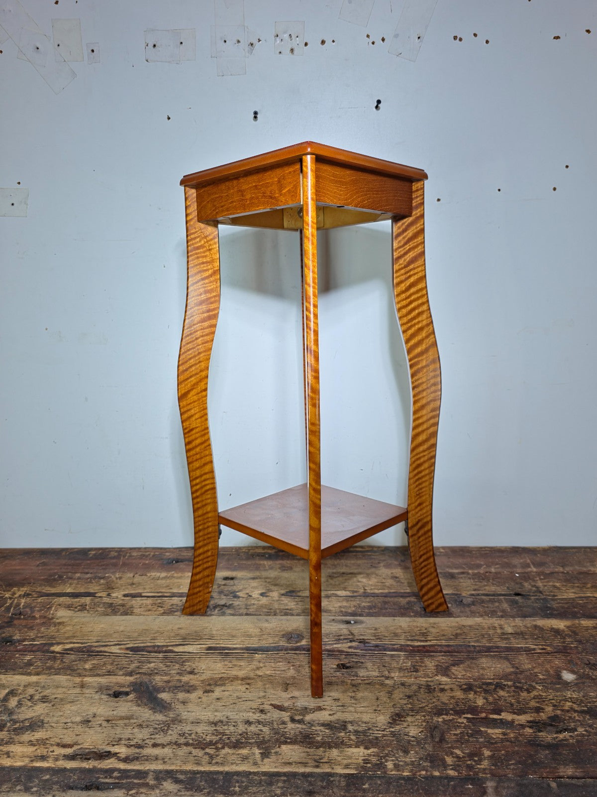 Vintage Mid-Century Style Tiger Maple Finish Pedestal Plant Stand 2-Tier 24.5"