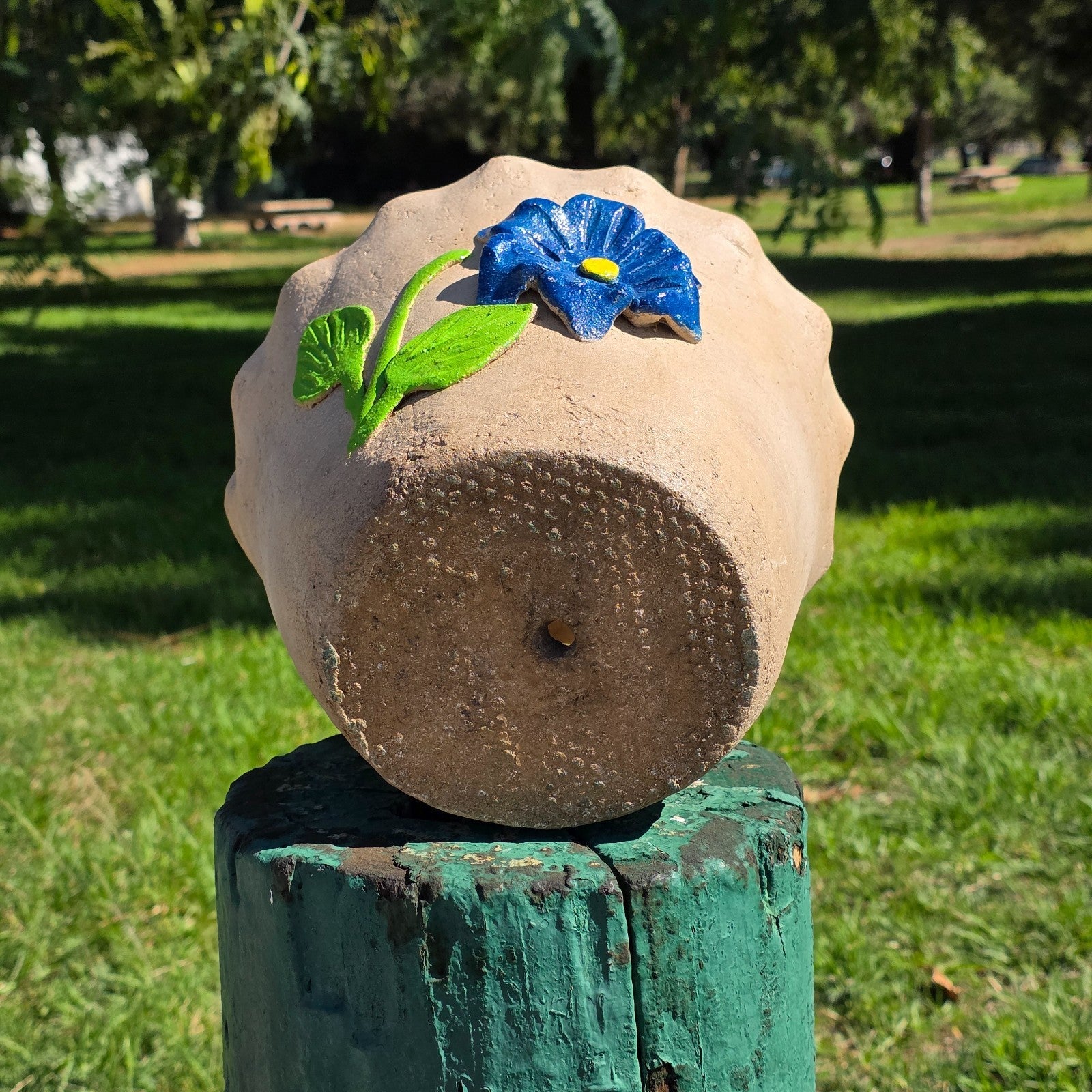 Vintage Atzompa Oaxaca Terracotta Wall Pocket Planter with Blue Flower