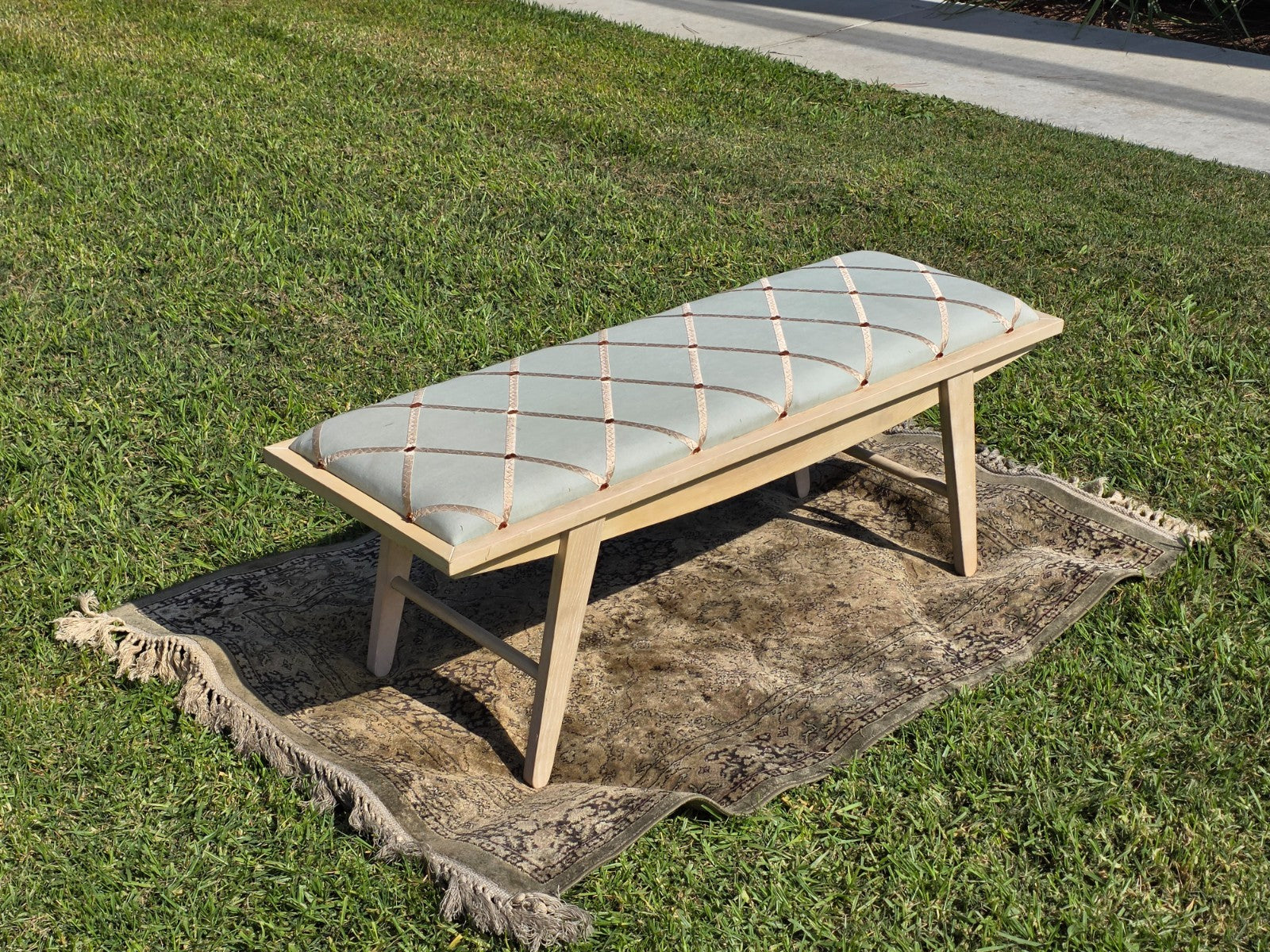 West Elm Crescent Bench Pale Blue Seat Gold Lattice Red Thread Rosette Tufts