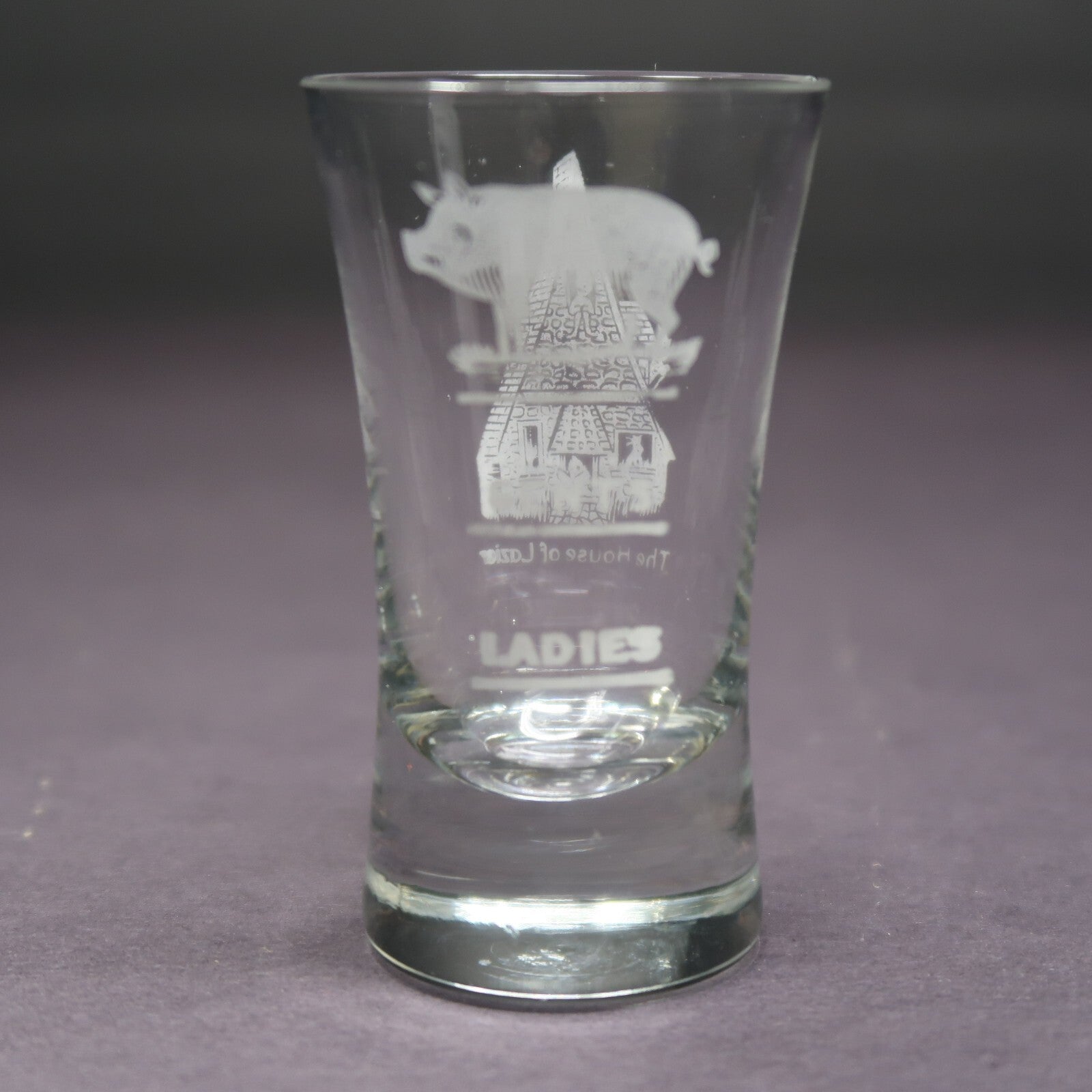 " Pig Gents Ladies " & " The House of Lazier " Etched Shot Glass H 3.3"