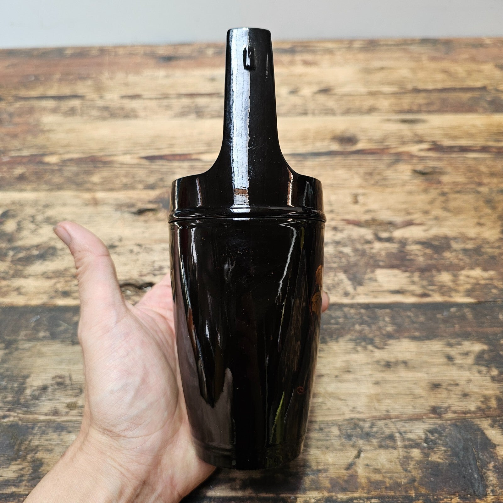 Vintage Yakumo-nuri Lacquerware Ikebana Vase | "Floating" Grape Leaves 8"H