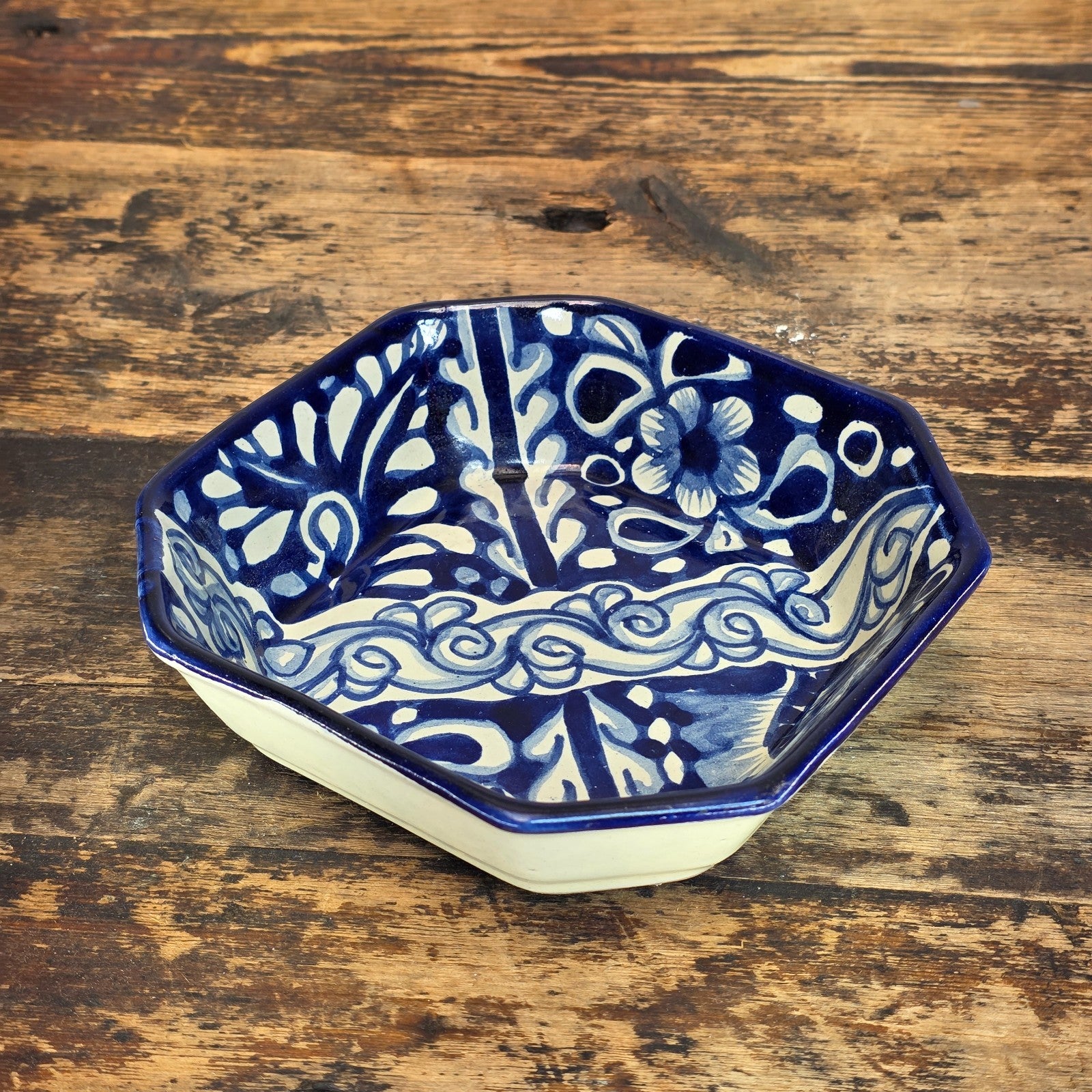 Talavera Pottery Bowl - Blue & White Octagonal Dish Signed R. VENEGAS