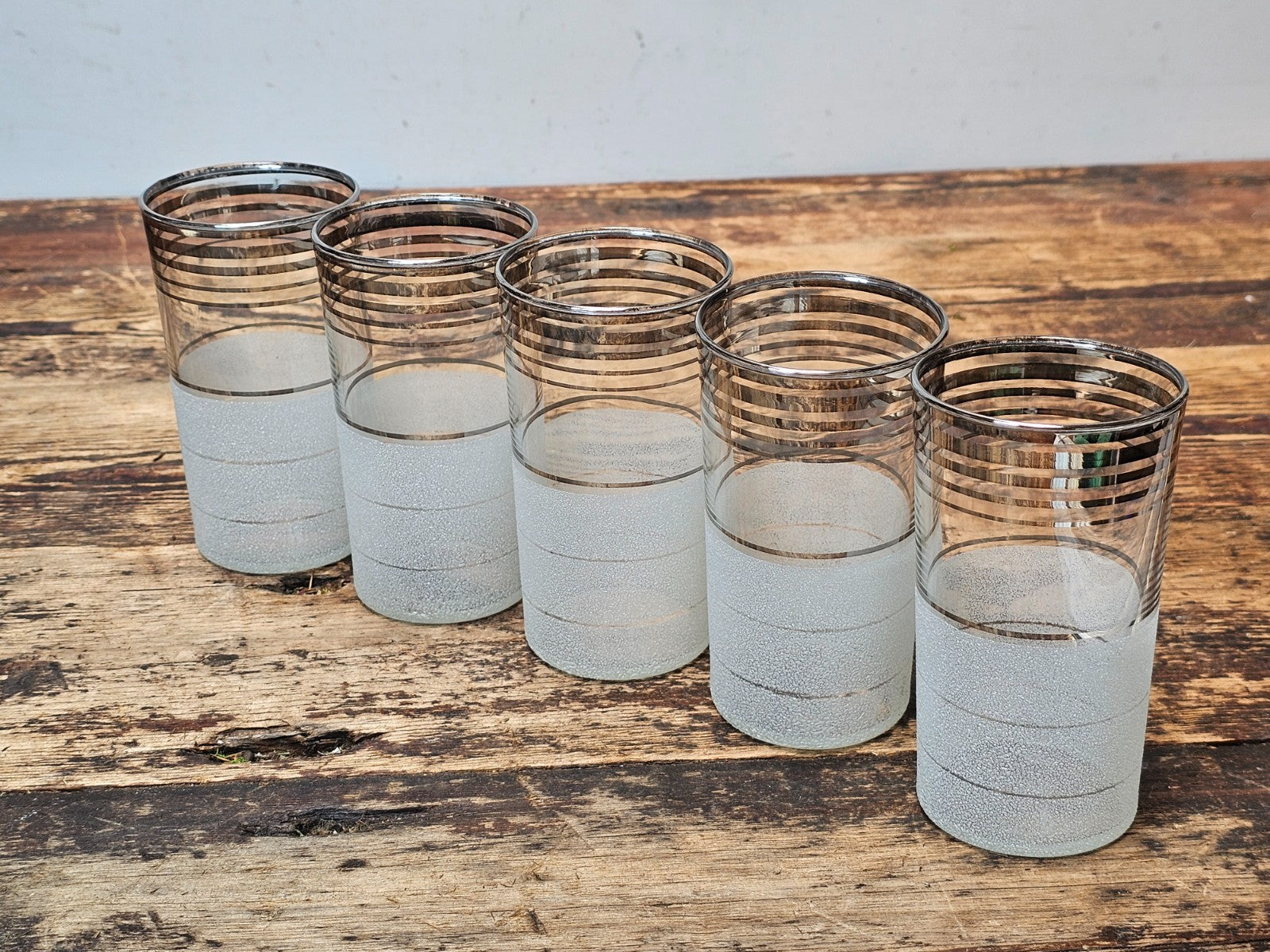 Set of 5 Vintage Mid-Century Modern Frosted & Silver Band Tumbler Glasses