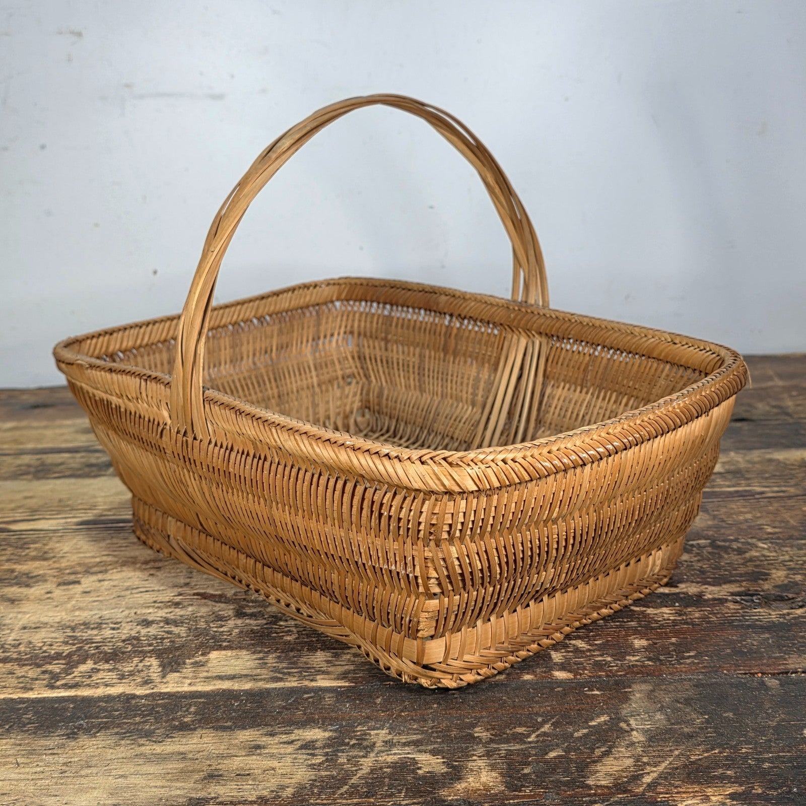 Vintage Handwoven Rectangular Wicker Basket with Handle 14.25"L × 9.5"W
