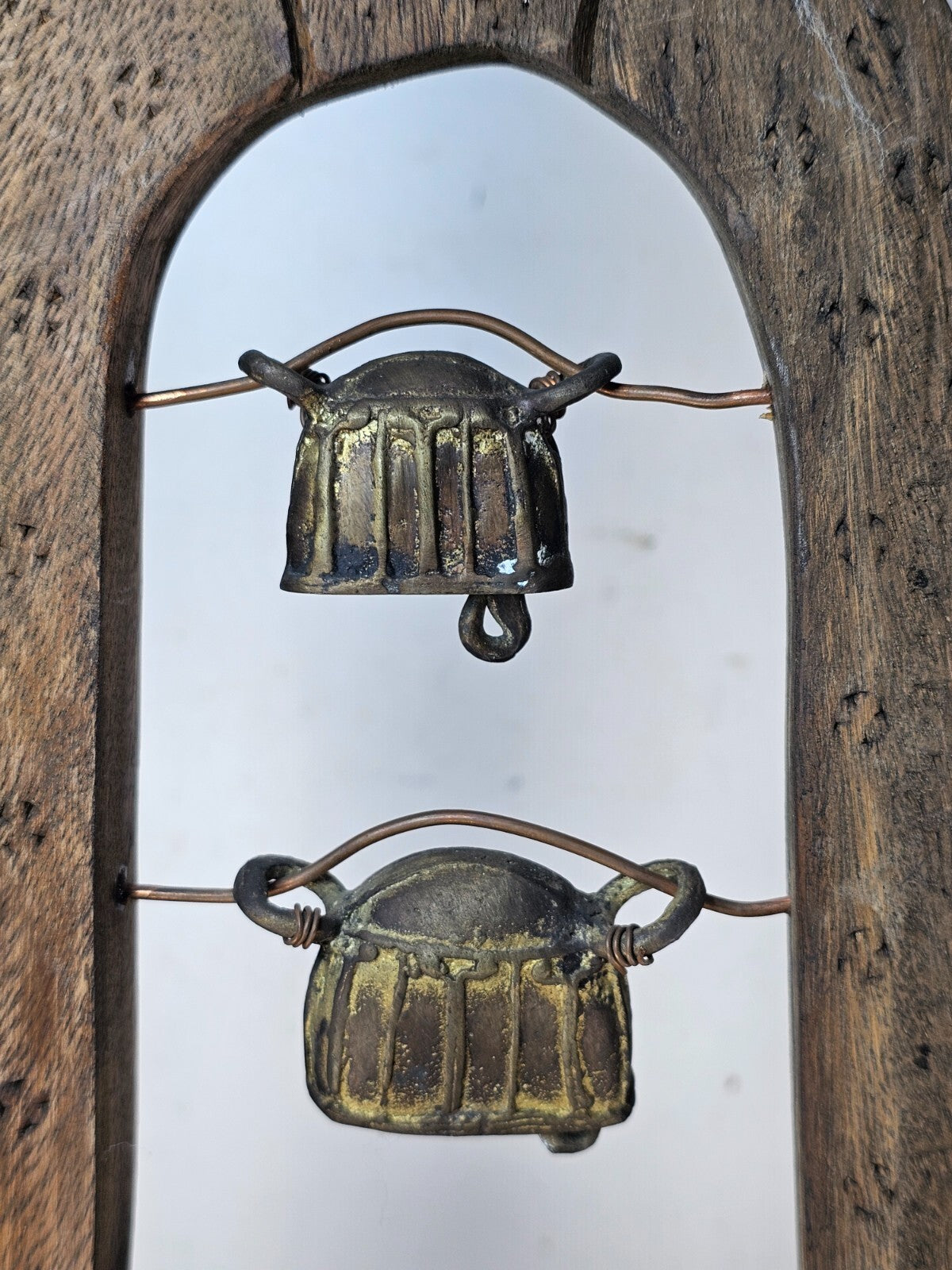 Four Burmese Hka-Lauk Water Buffalo Bells on Wooden Stand 23"H