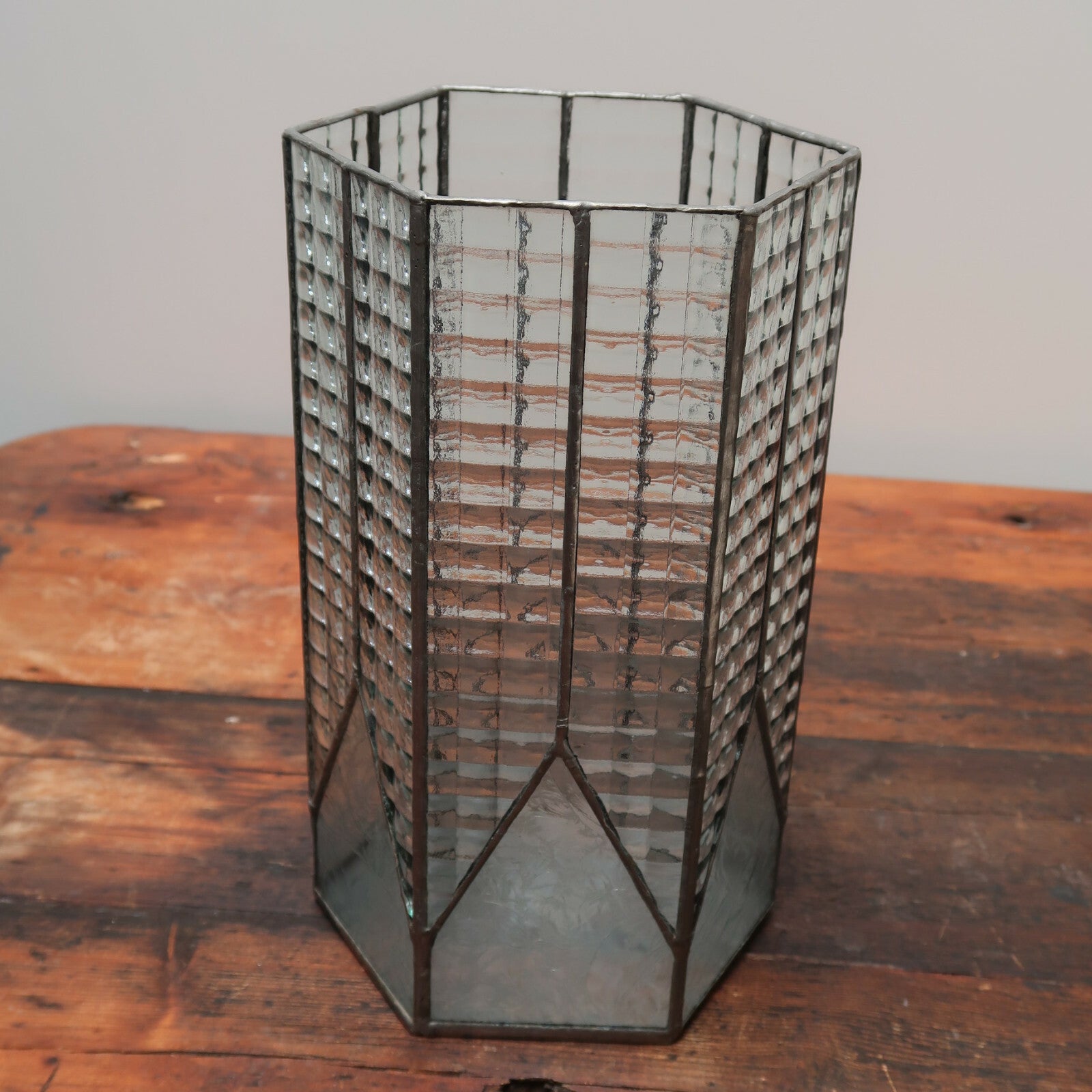 Vintage Leaded Glass Hexagonal Pillar Candle Hurricane Lamp H 10"