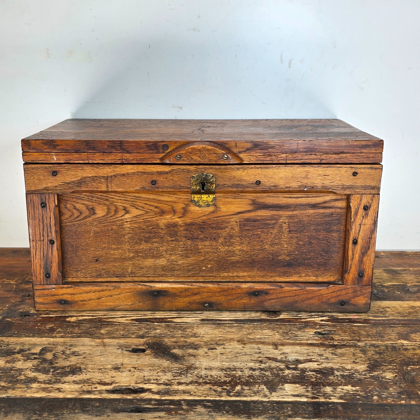 Antique Oak Wooden Tool Box with Brass Hardware & Tray (1920s–40s)