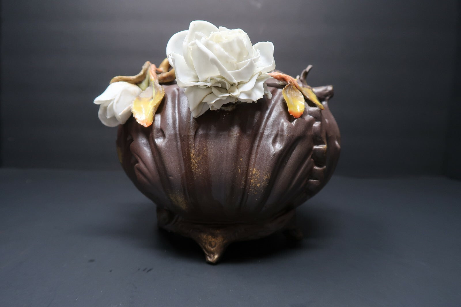 Vintage Art Pottery Basket White Roses approx H 5" x W 6"