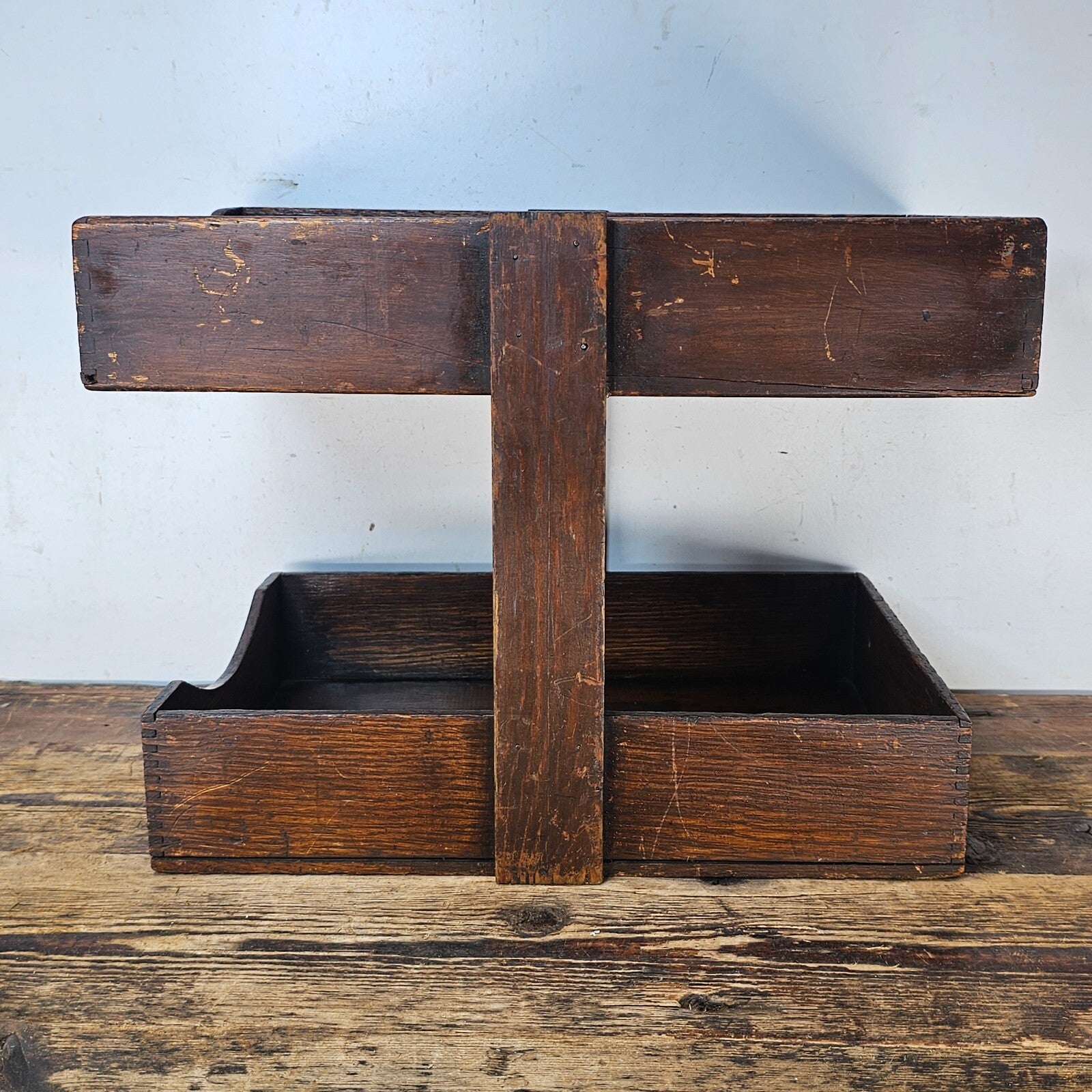 Vintage Handmade Two-Tier Wooden Paper Tray (Damaged / Sold As-Is)