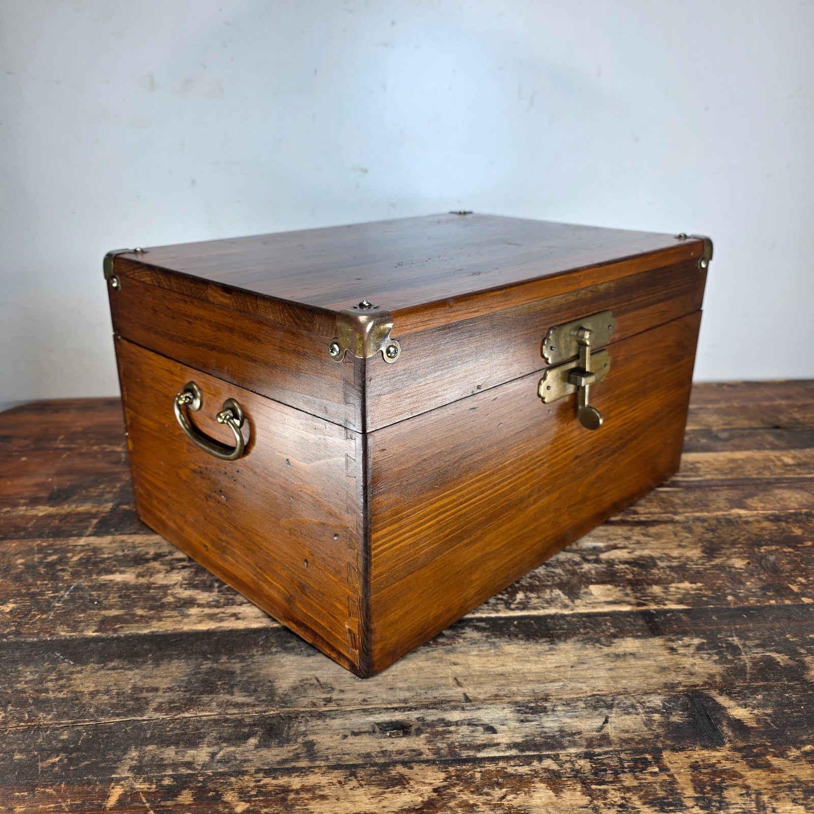 Vintage Wooden Storage Trunk with Korean-Style Brass Hardware
