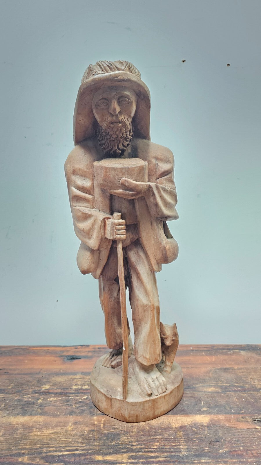 Vintage Hand Carved Solid Wood Figure Traveler With Cat Statue Vagabond 20" Tall