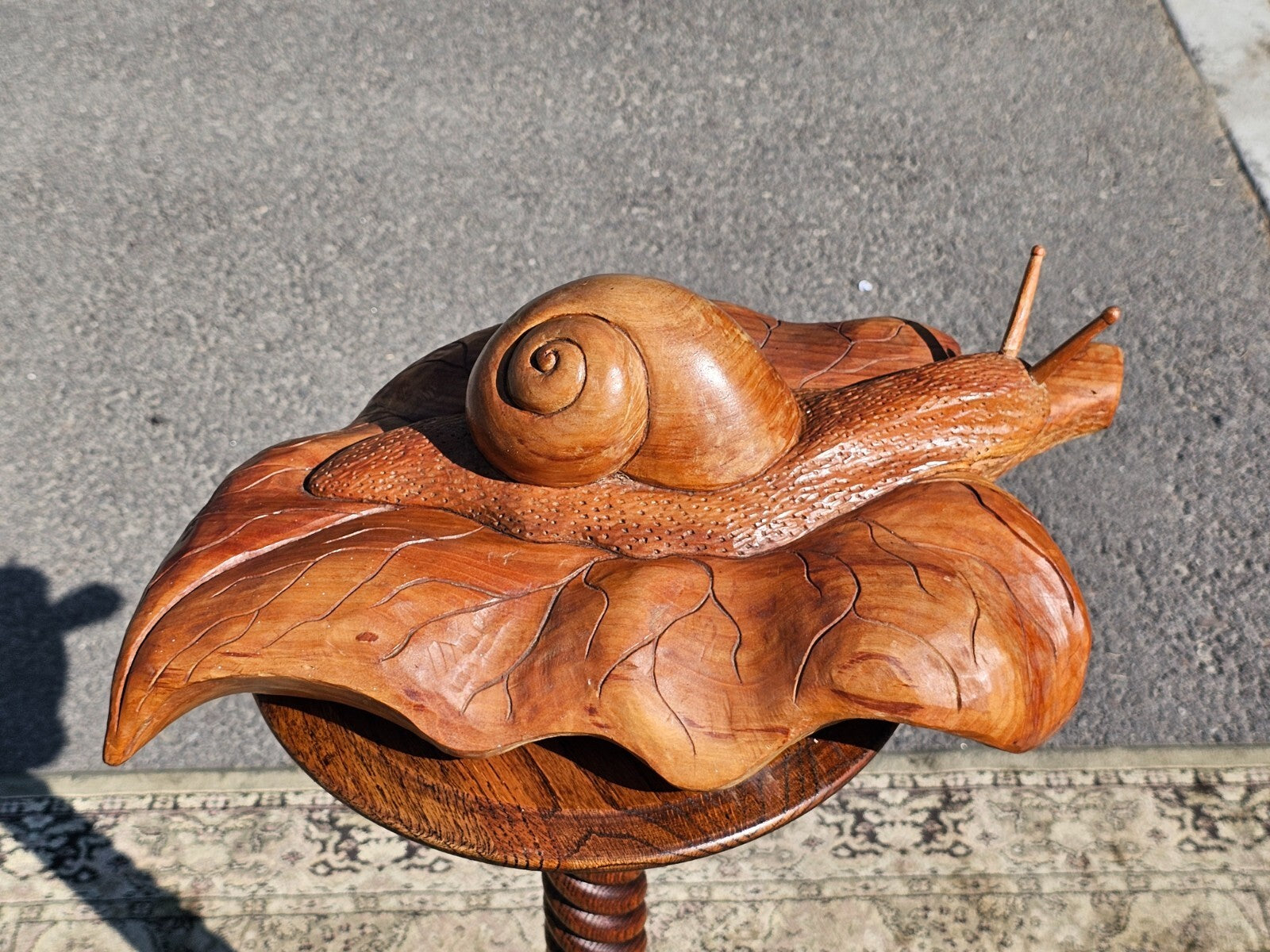 Handcrafted Wooden Snail on Leaf Sculpture Signed 19"L x 11"W x 5.5"H