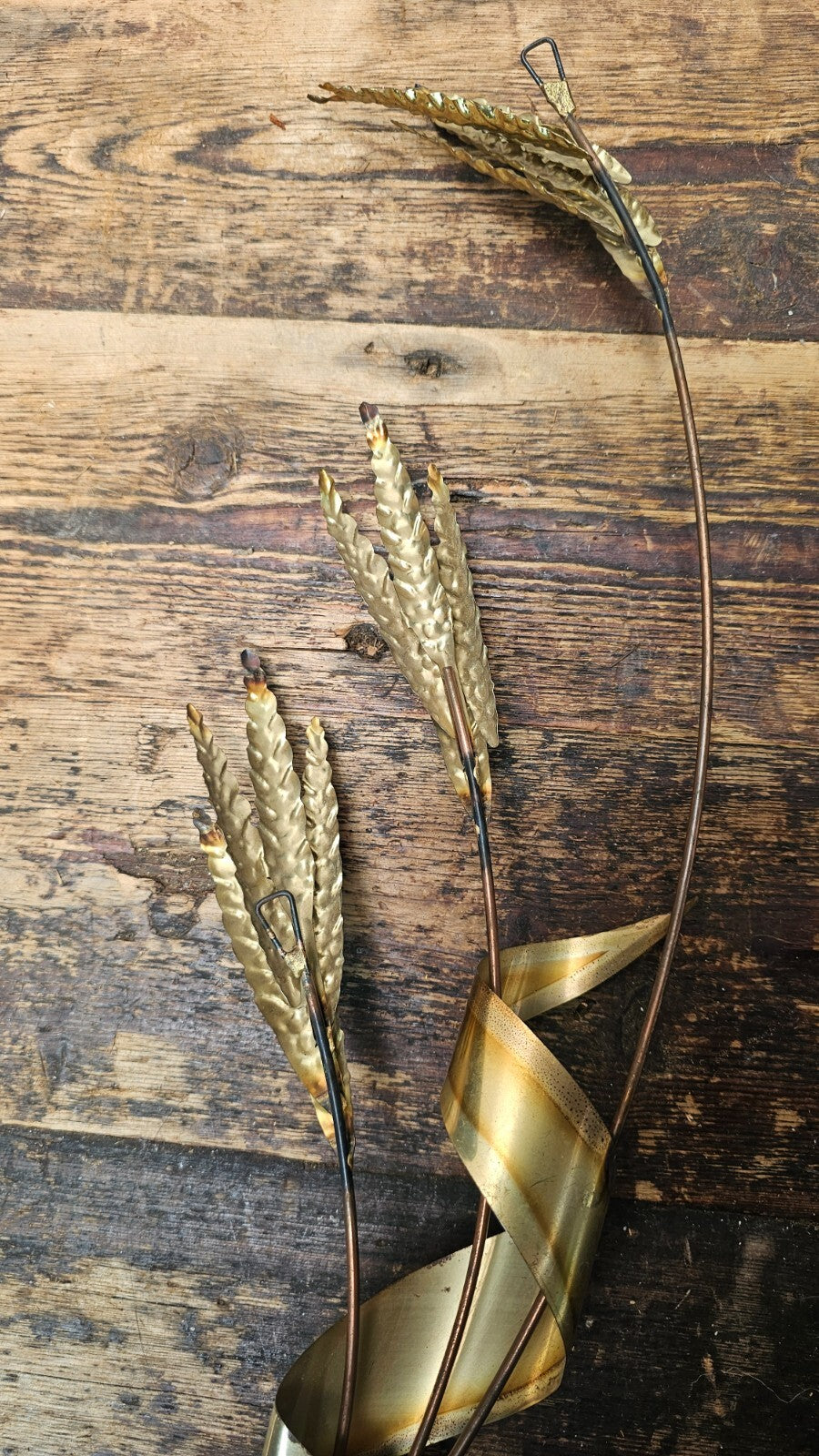 Vintage 70's Brass Metal Wheat Wall Hanging Art 29"H