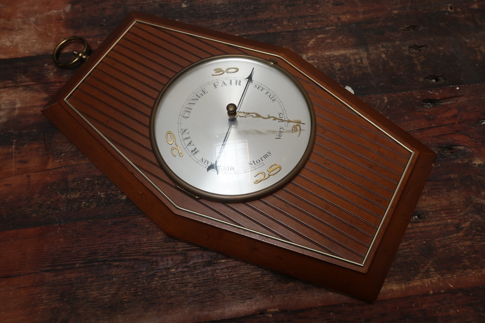 Vintage Wood & Brass Barometer H 20" x W 13" (H 23" with Metal Ring)