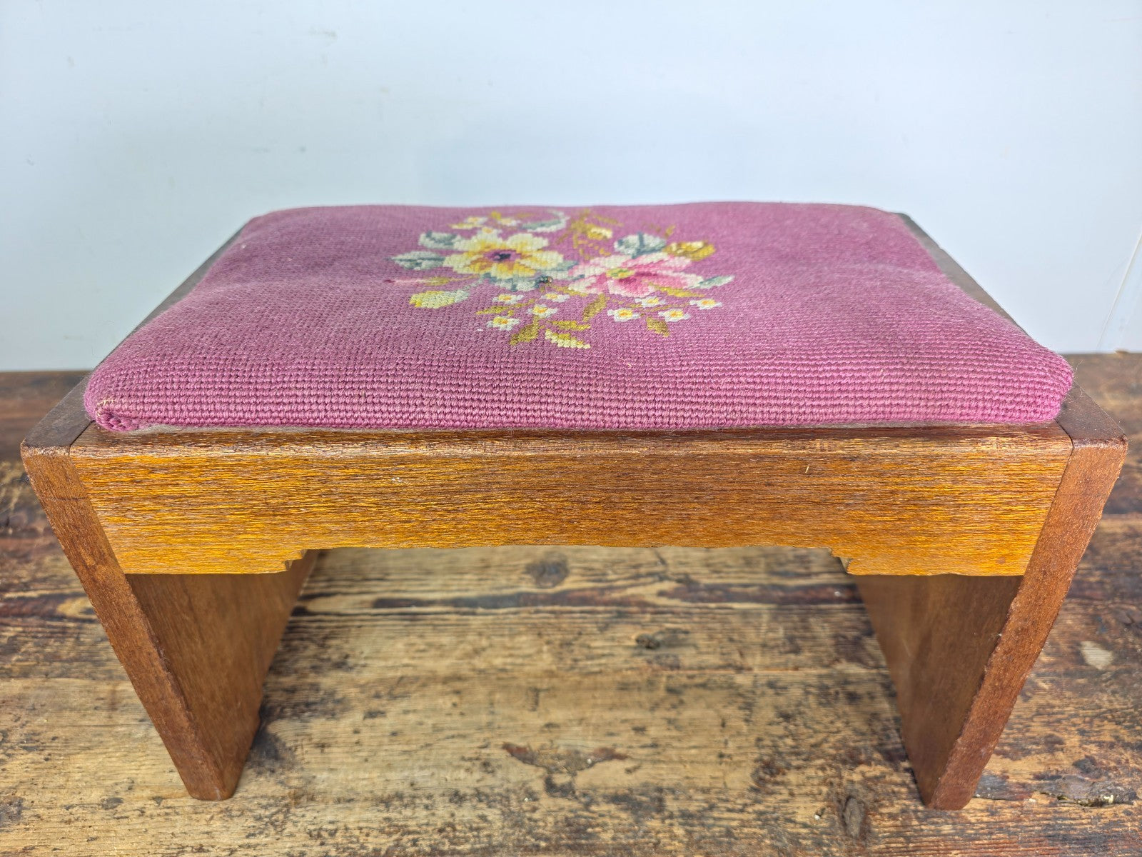 Vintage Mid-Century Wooden Stool / Footstool with Needlepoint Cushion