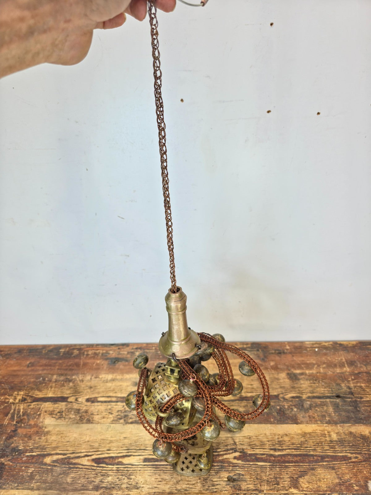 Vintage Ethiopian Coptic Brass Processional Incense Burner — 30" — Bells & Chain