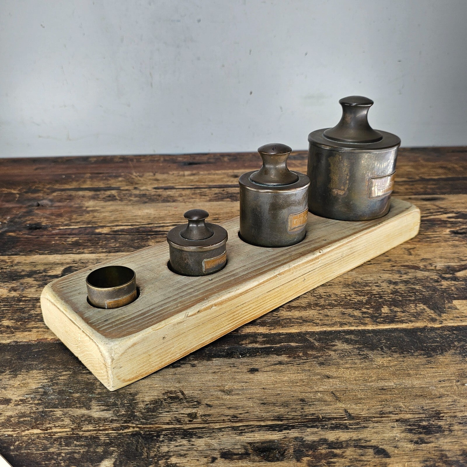 Vintage-Style Brass Canister Set with Wooden Base