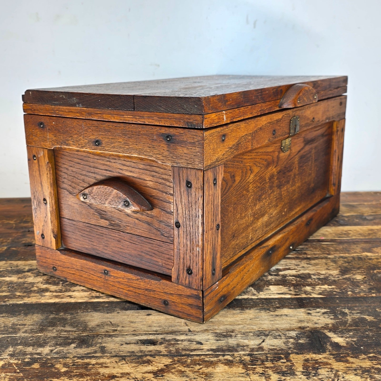 Antique Oak Wooden Tool Box with Brass Hardware & Tray (1920s–40s)