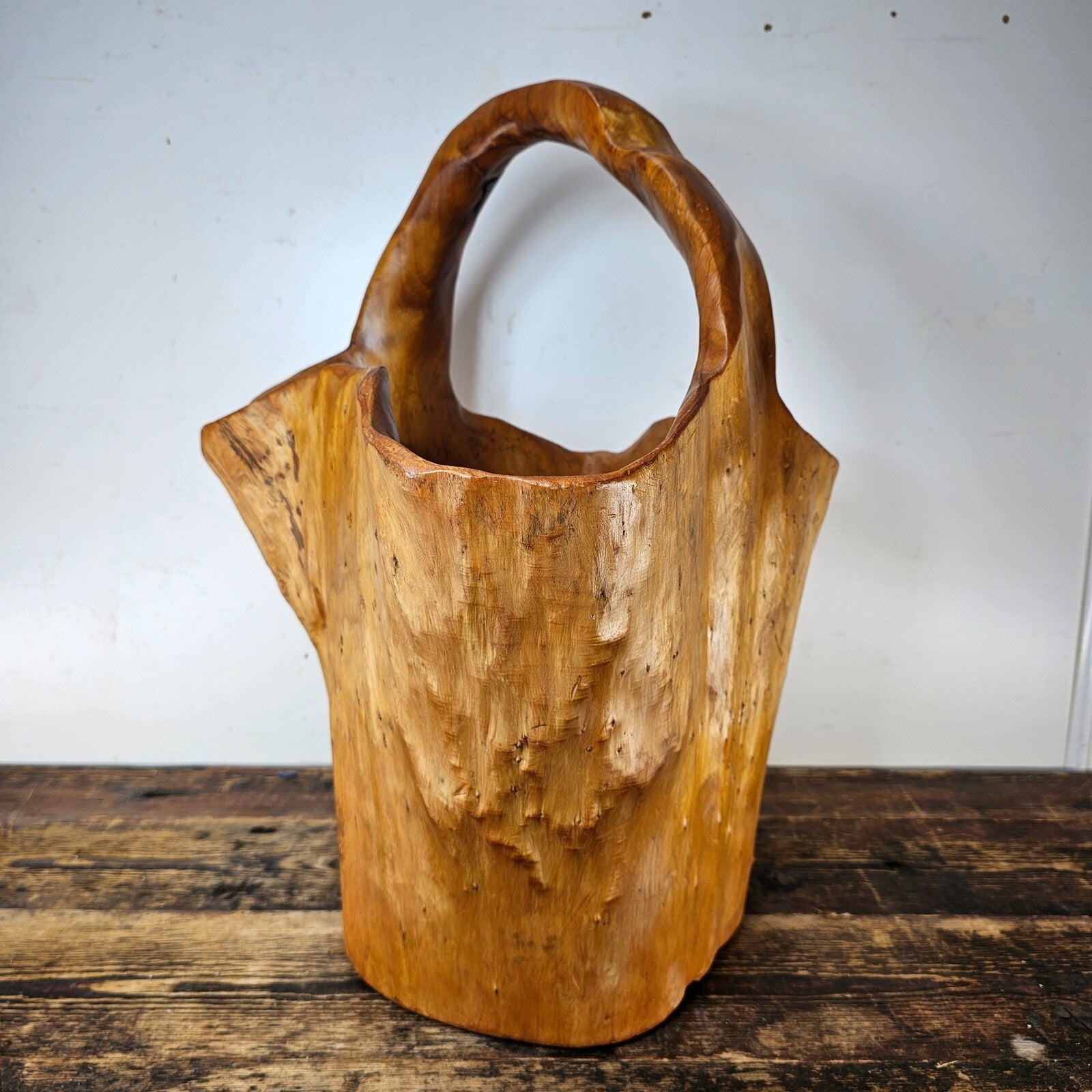 Large Wood Burl Root Hand Carved Bowl Basket with Handle 13.5" x 13.5" x 19.5"H
