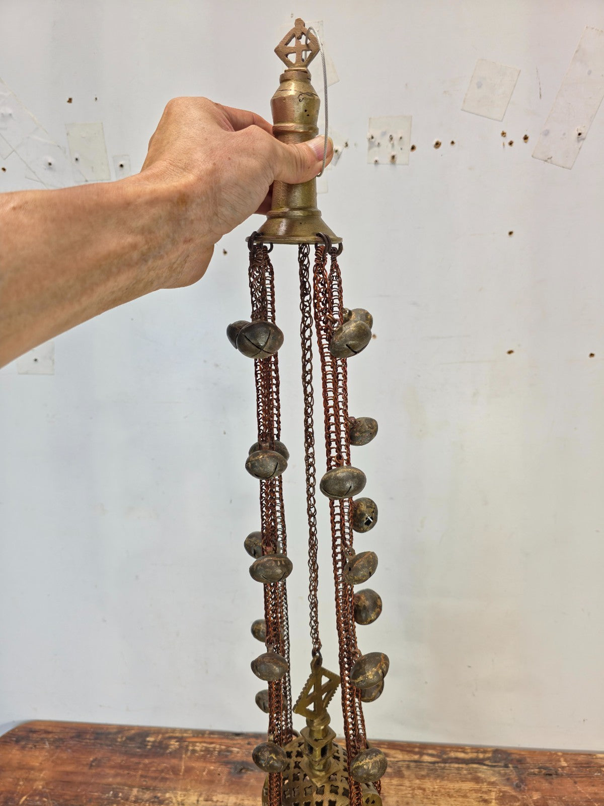 Vintage Ethiopian Coptic Brass Processional Incense Burner — 30" — Bells & Chain