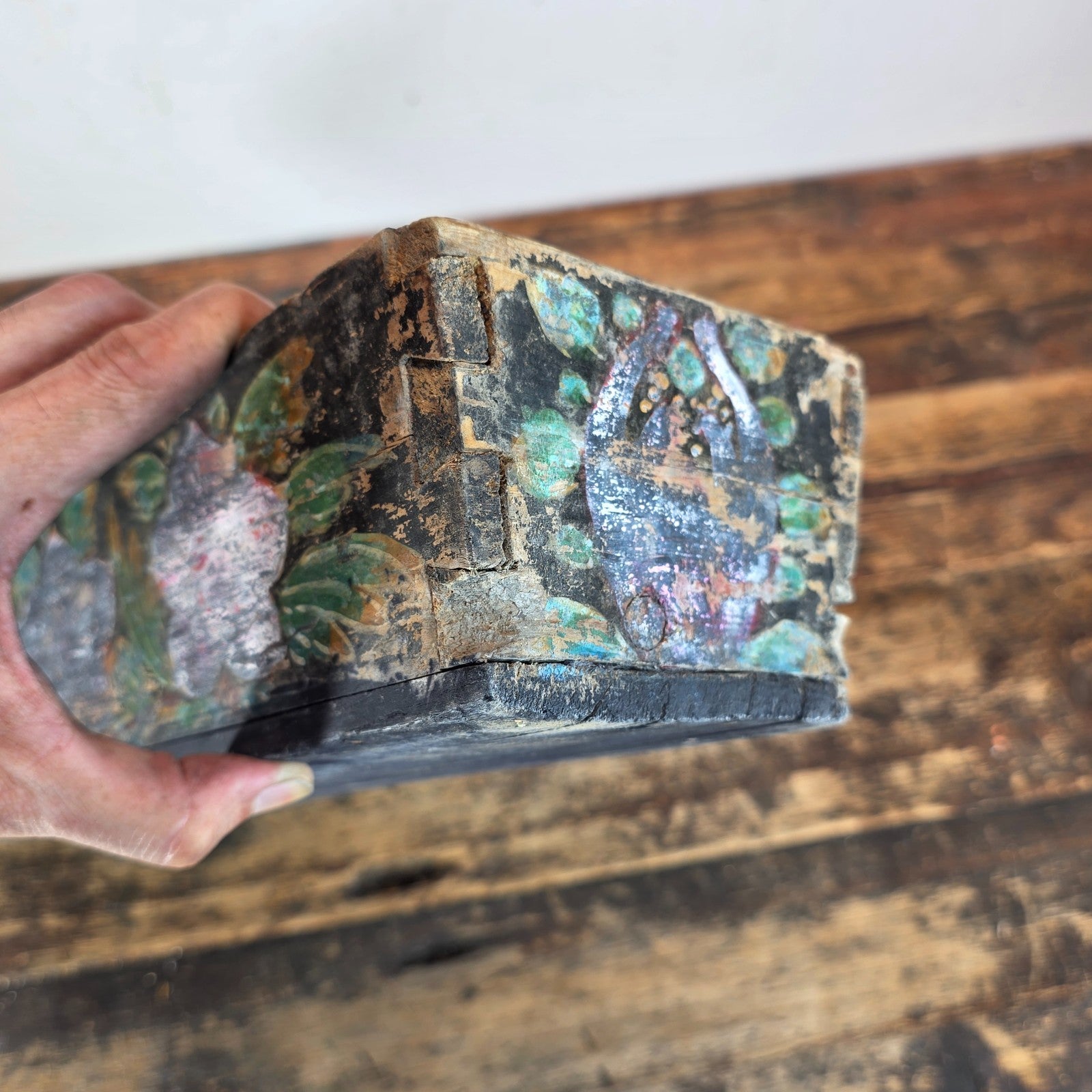 Antique Folk Art Hand-Painted Wooden Box (Floral Motif / Early 1900s) 18"L × 5"W