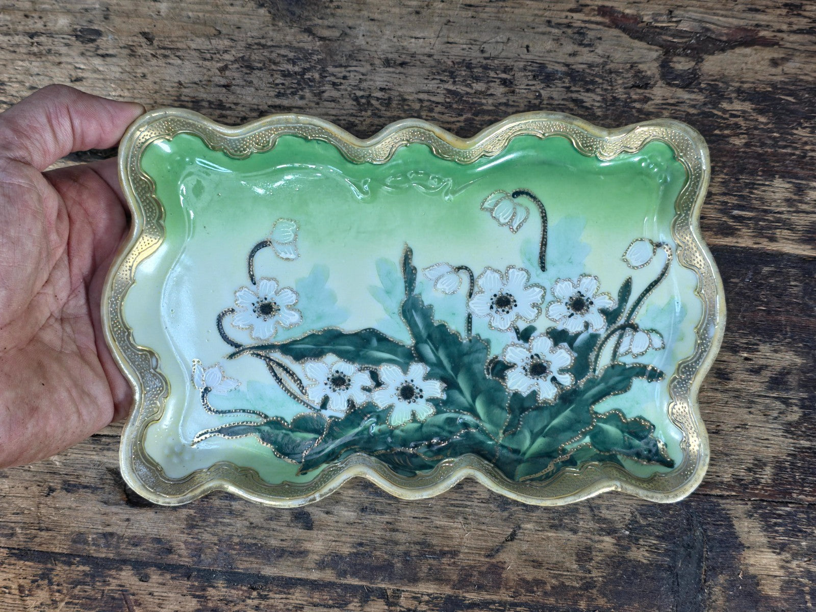Hand Painted Nippon Style Moriage Tray, Floral Gold Gilt Porcelain 8.25" × 5.25"