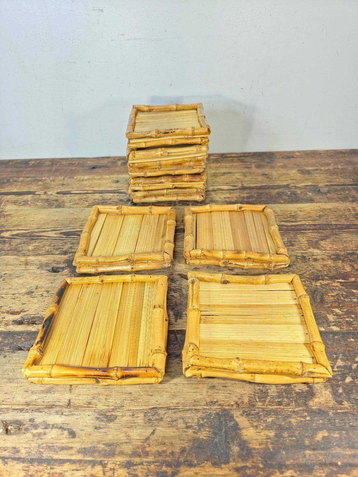 Vintage Handmade Bamboo Square Tray – 5.5" Natural Display Stand / Coaster