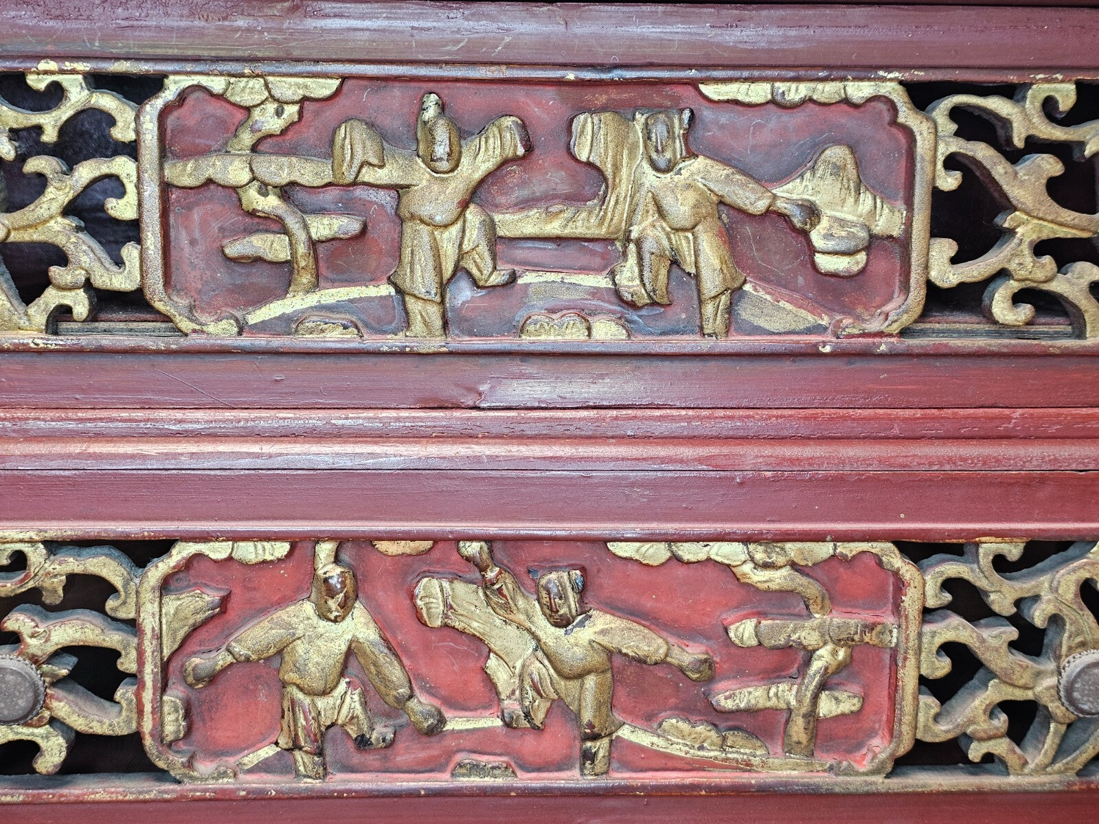 Antique Chinese Red & Gilt Carved Wood Chest Box
