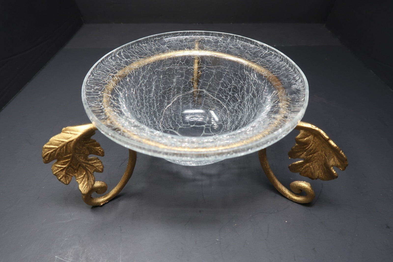 Crackle Glass Bowl on Metal Gold Autumn Leaf Stand