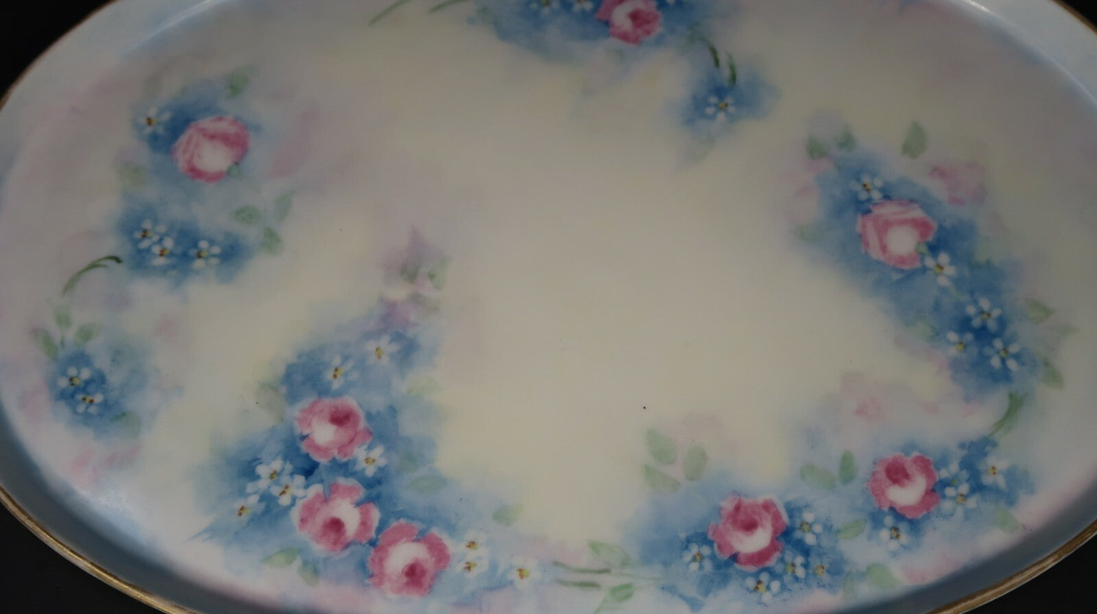 Vintage Oval Pink & Blue Rose Dish Hand Painted Floral Gold Trim Made In Japan