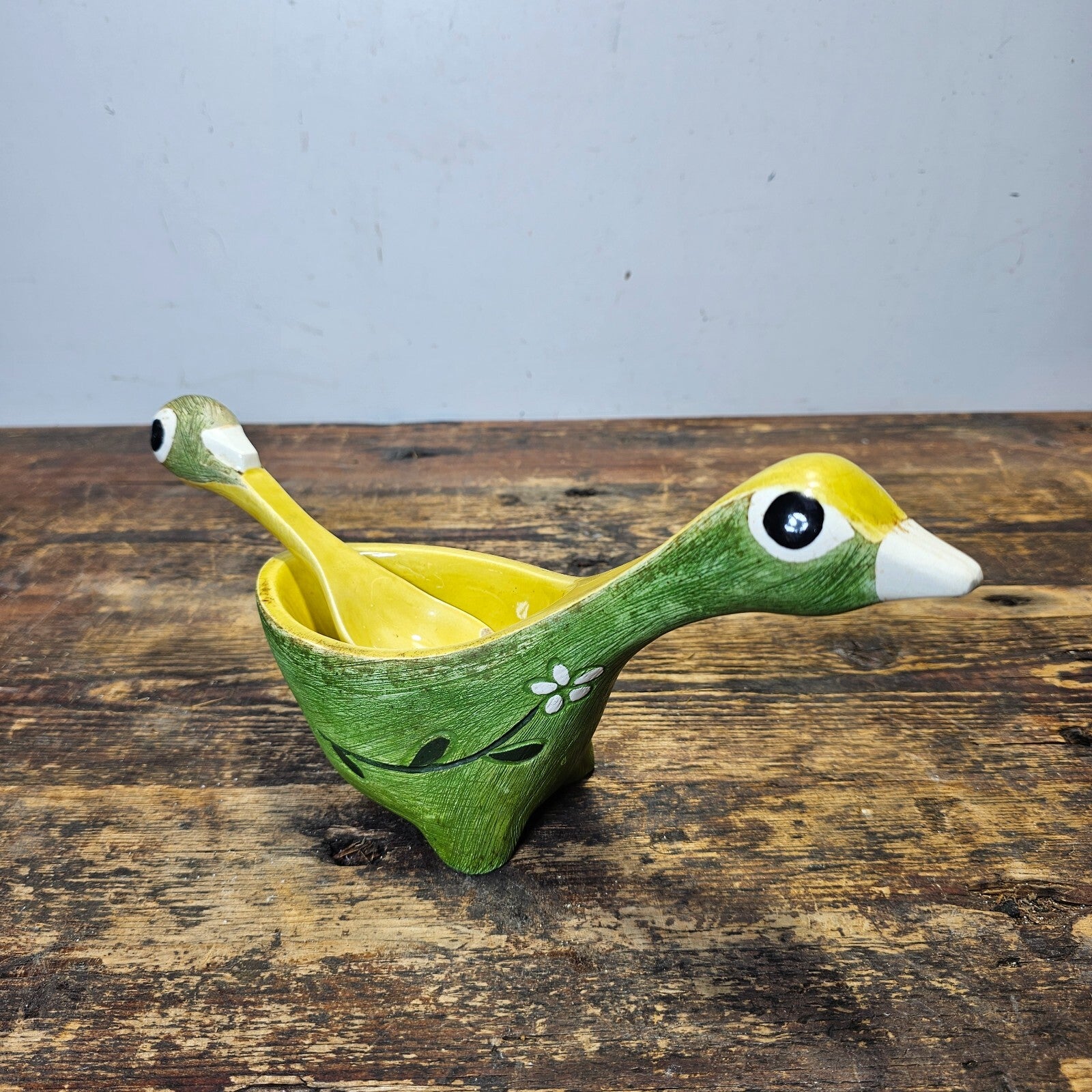 Brayton Laguna Pottery Floral Bird Decorative Guacamole Bowl and Spoon Set