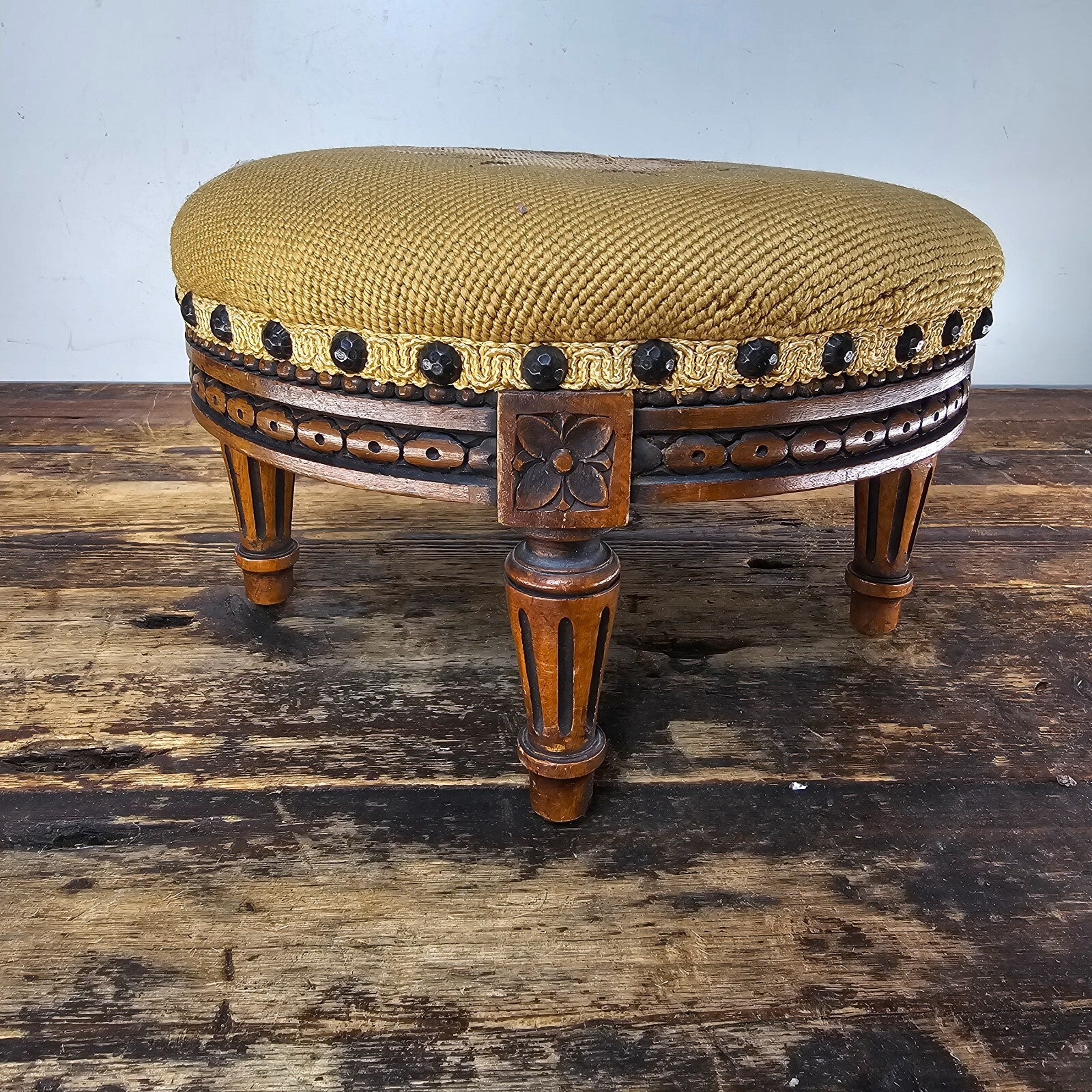 Antique French Petit Point Embroidered Footstool 11.5"Diam × 7.5"H