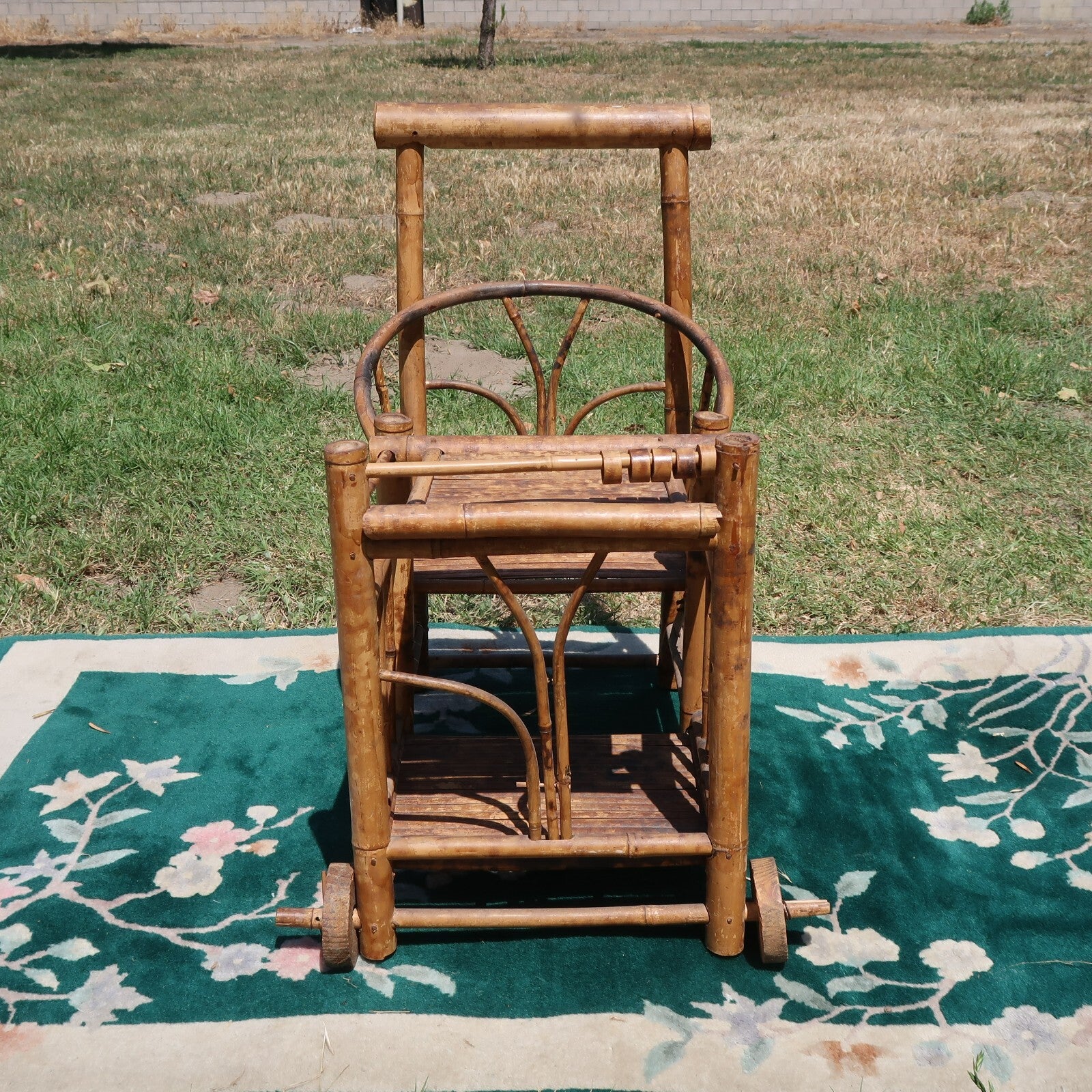 1970s Spanish Bamboo Wheeled Children's Trolley / Garden Plant Stand Holder