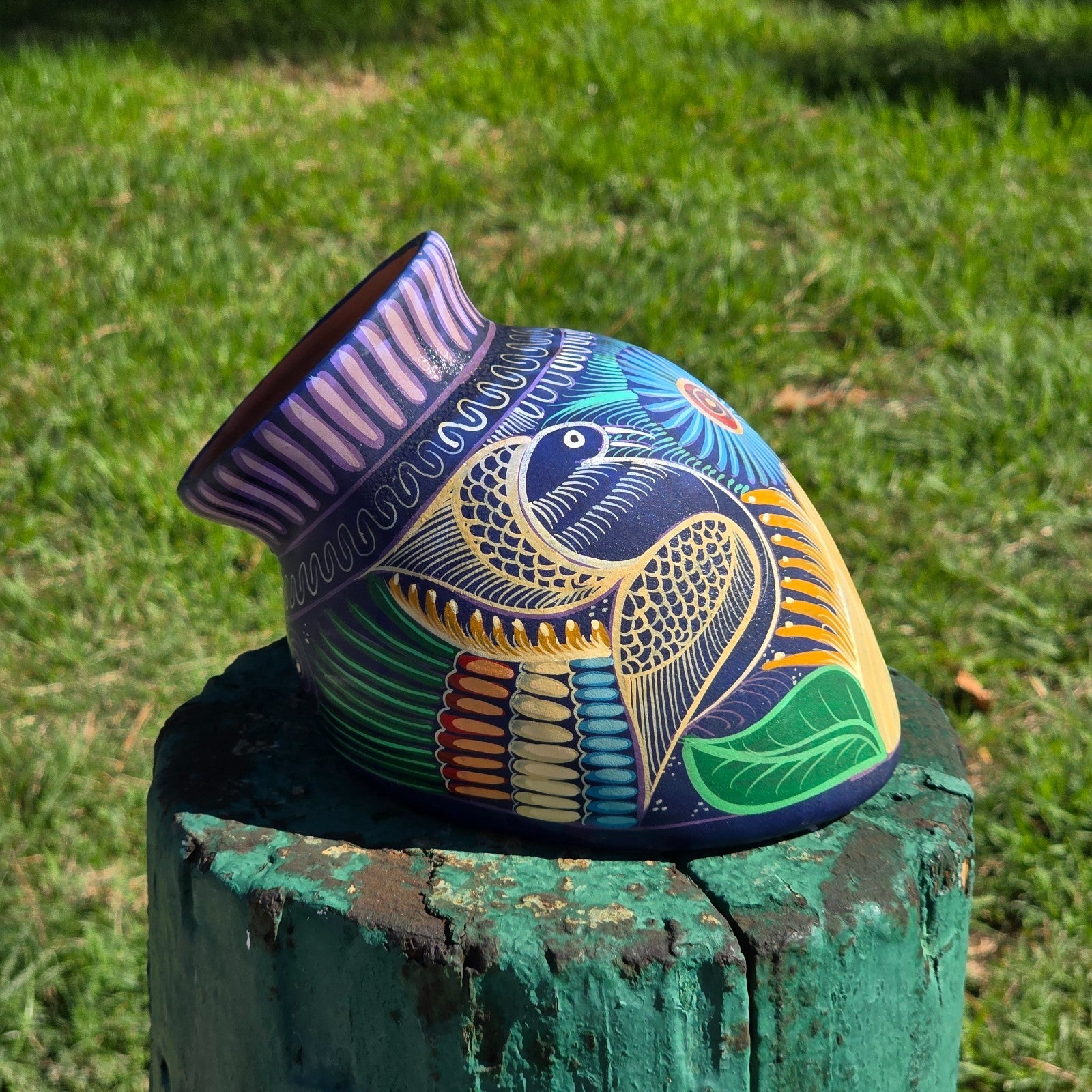 Hand-Painted Jalisco Mexico Pottery Wall Pocket Planter Folk Art Birds & Flowers