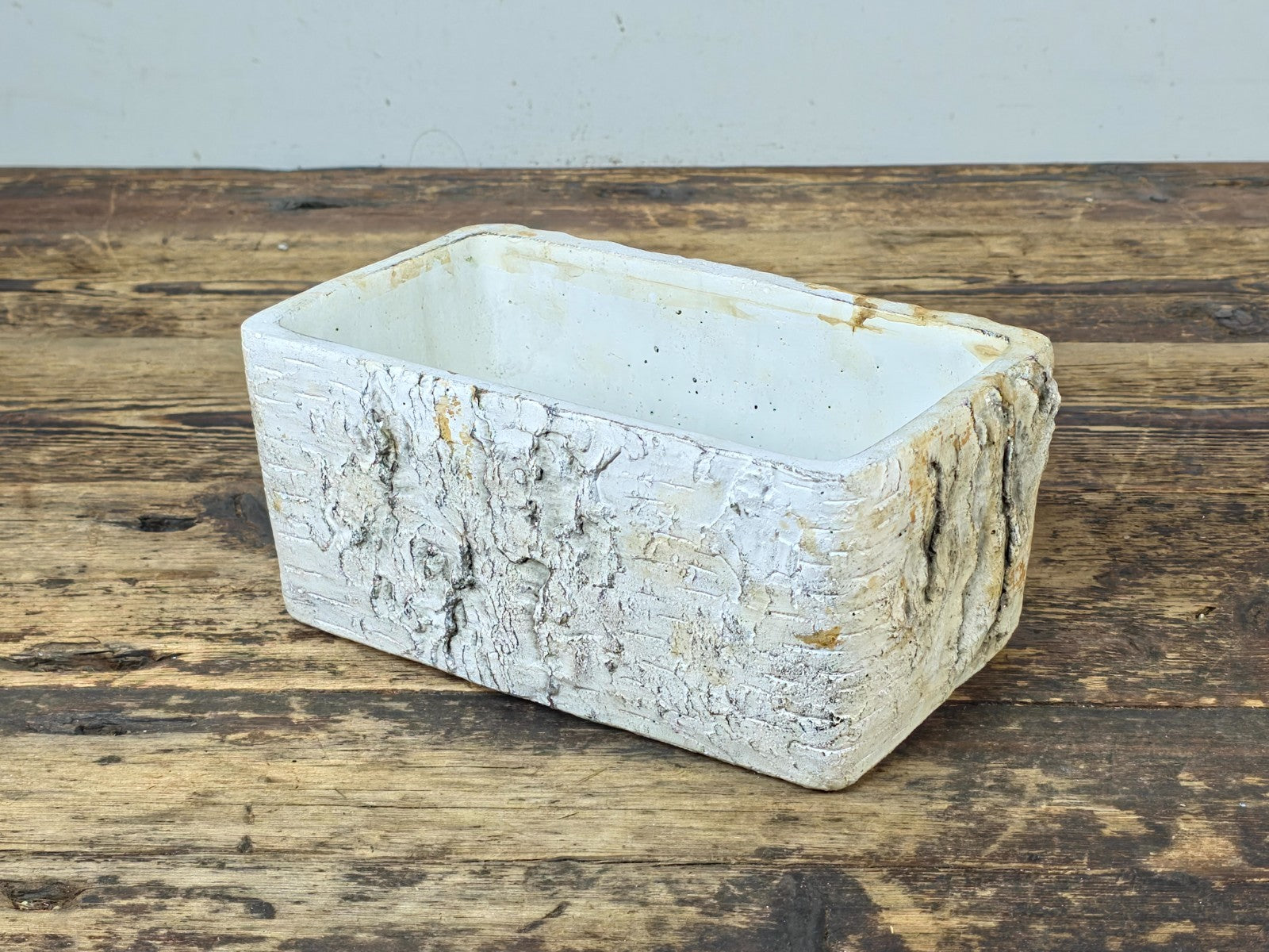 Birch Bark Texture Cement Planter – Rustic White Rectangular Pot 8.5"