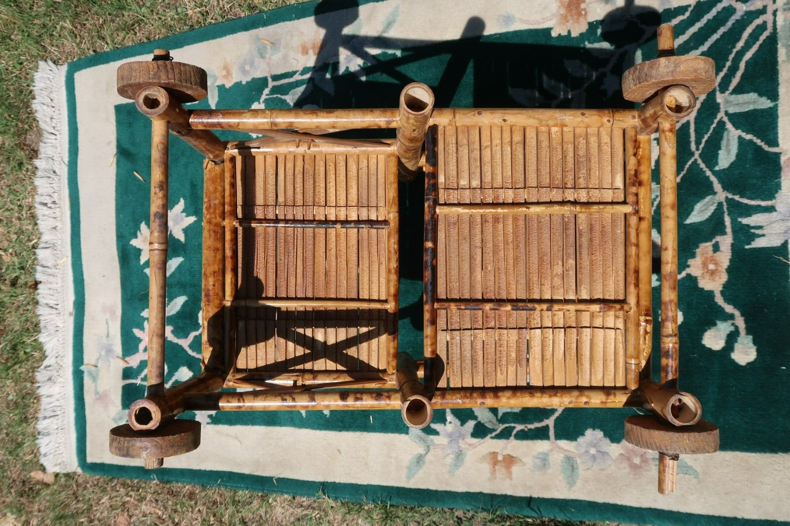 1970s Spanish Bamboo Wheeled Children's Trolley / Garden Plant Stand Holder