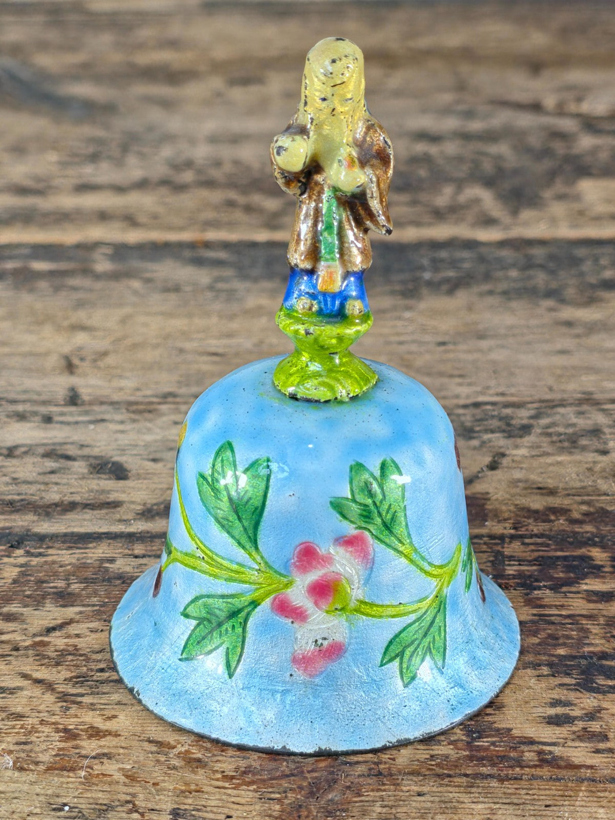 Vintage Hand Painted Enamel Metal Bell with Figure Handle, Marked CHINA