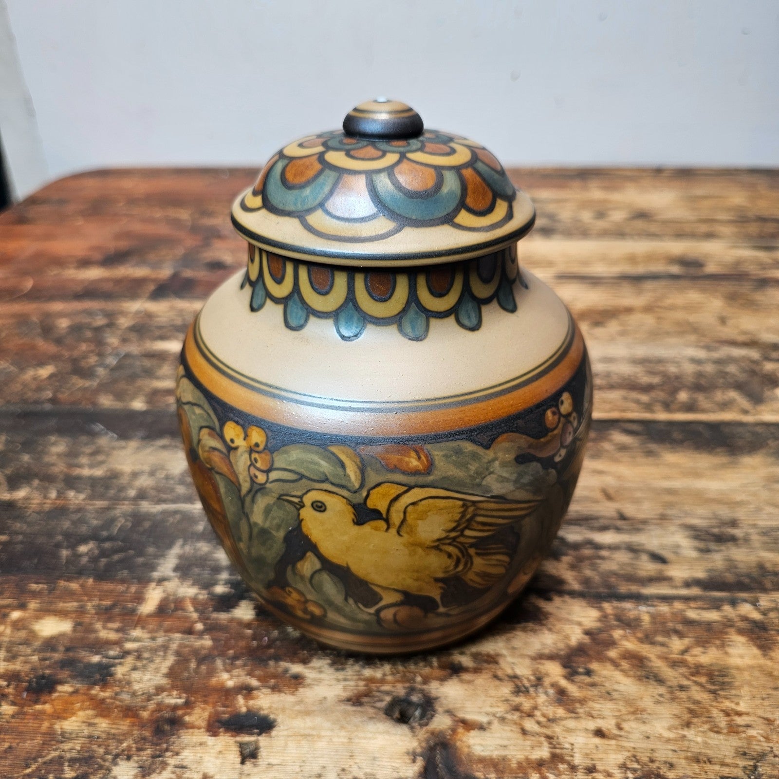 L. Hjorth Danish Art Deco Lidded Jar with Bird Motif, c. 1930s