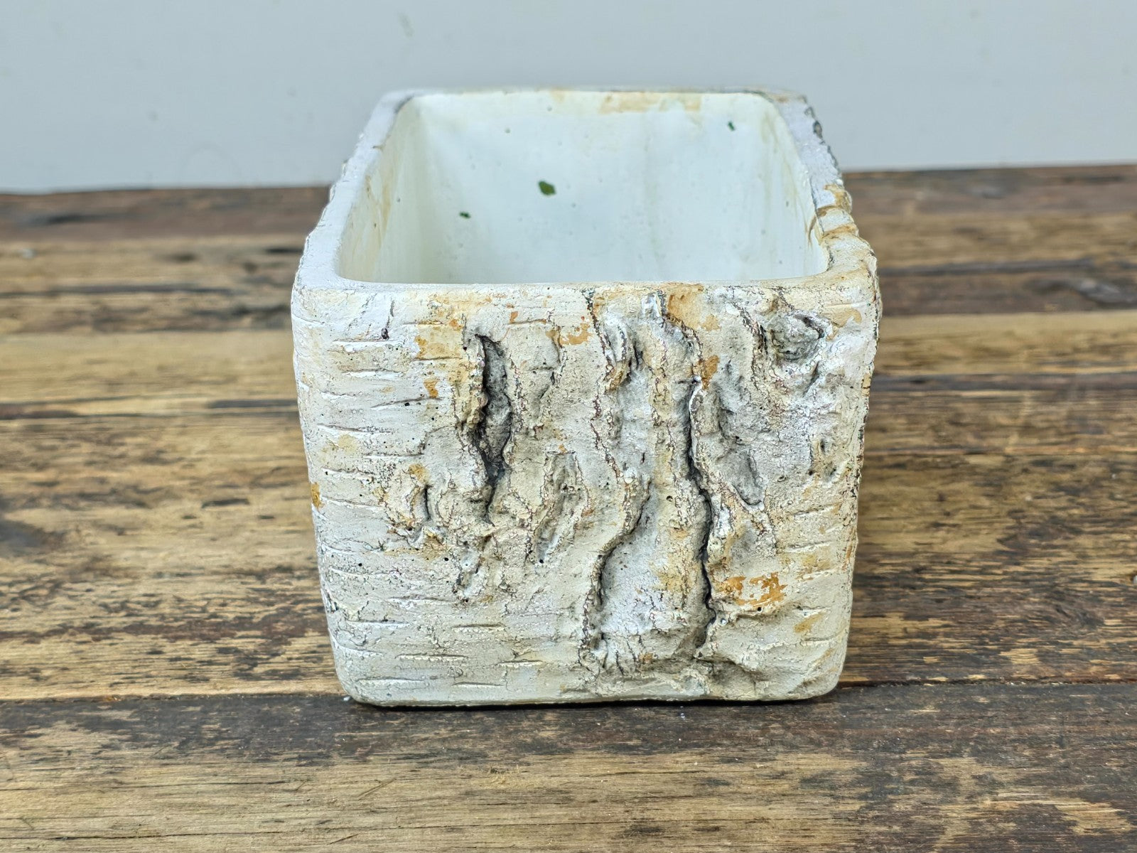 Birch Bark Texture Cement Planter – Rustic White Rectangular Pot 8.5"