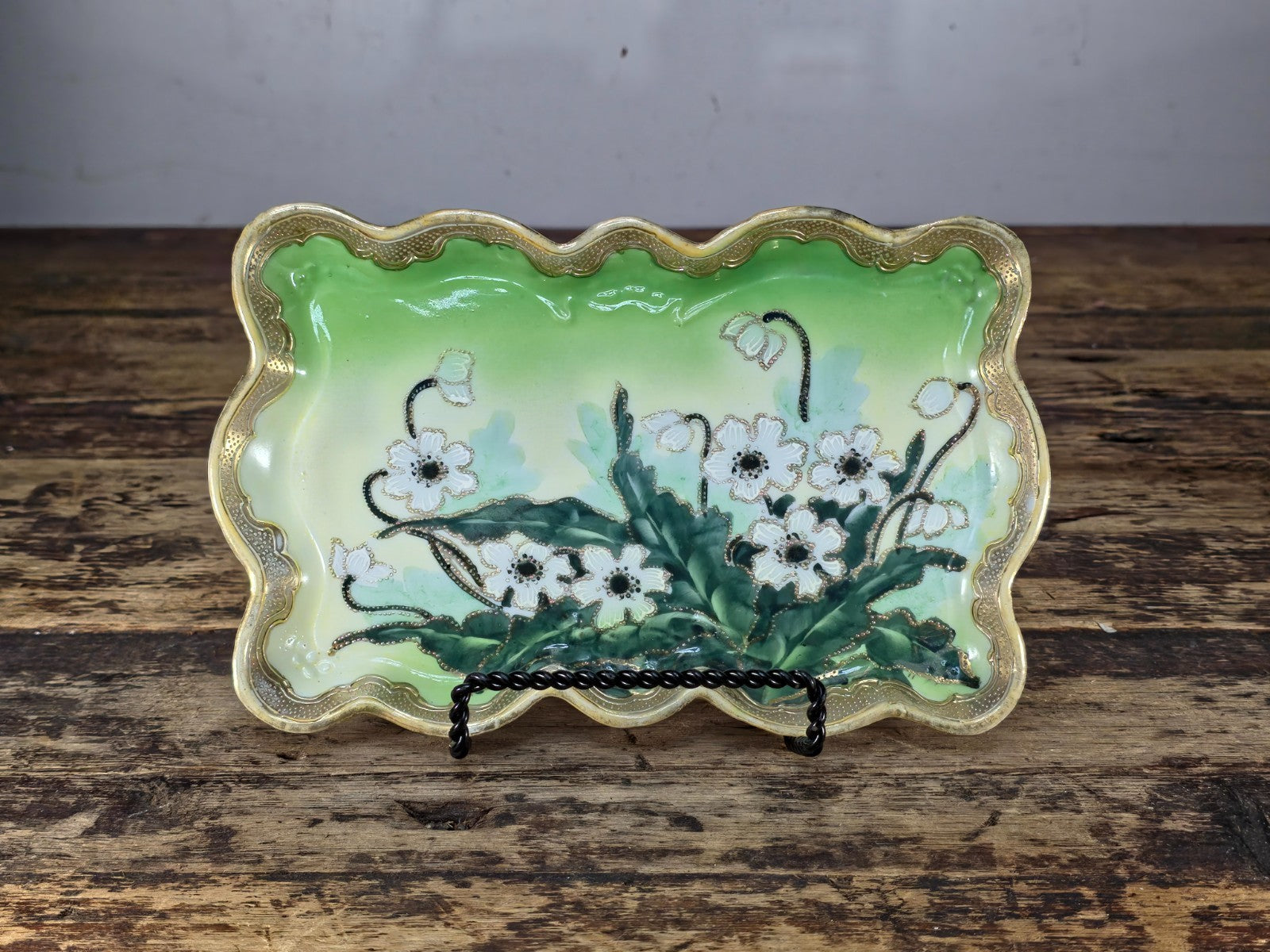 Hand Painted Nippon Style Moriage Tray, Floral Gold Gilt Porcelain 8.25" × 5.25"