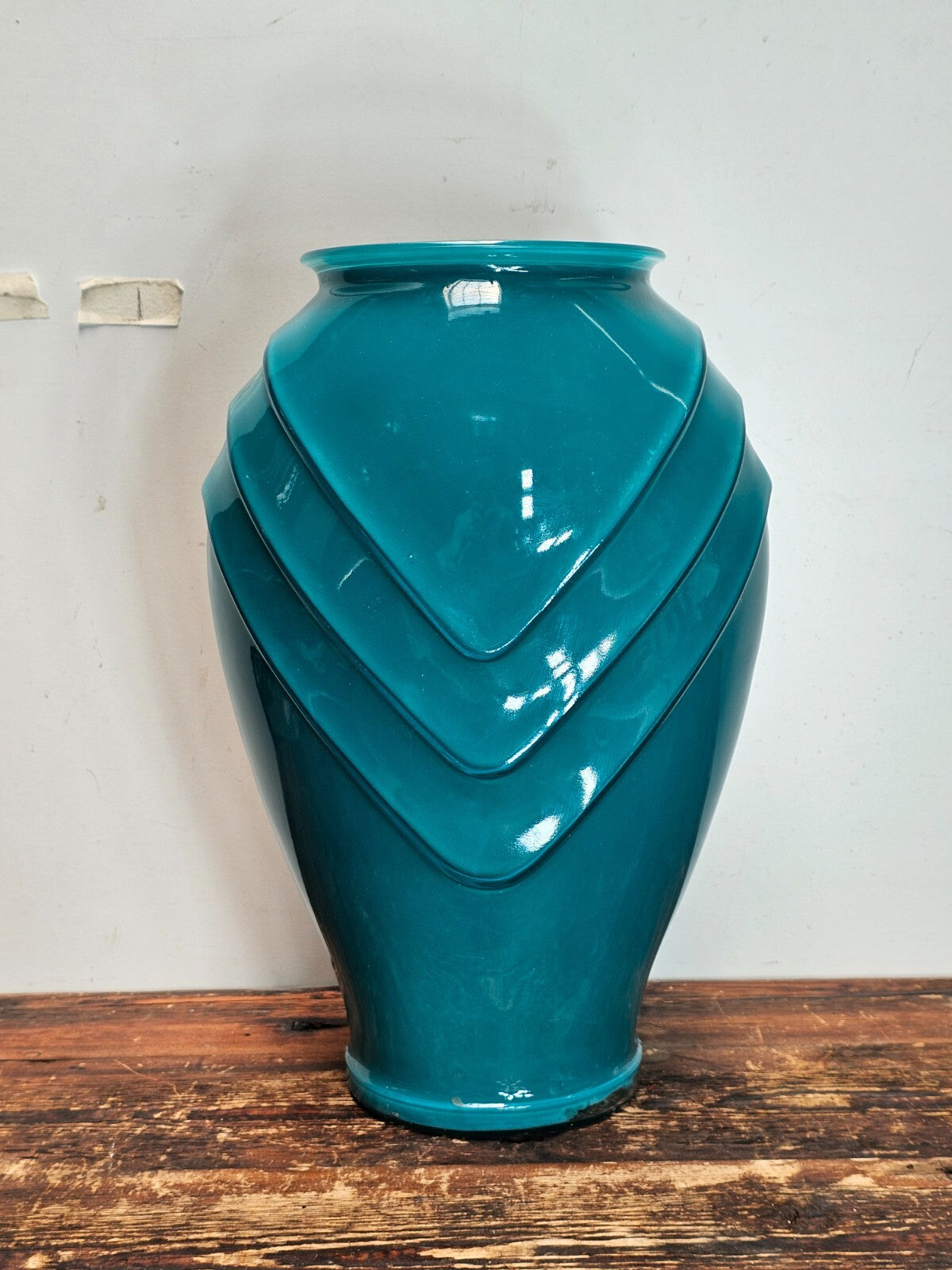 Large Art Deco Jade Color Scalloped Glass Flower Vase 11" x 8" x 16"H