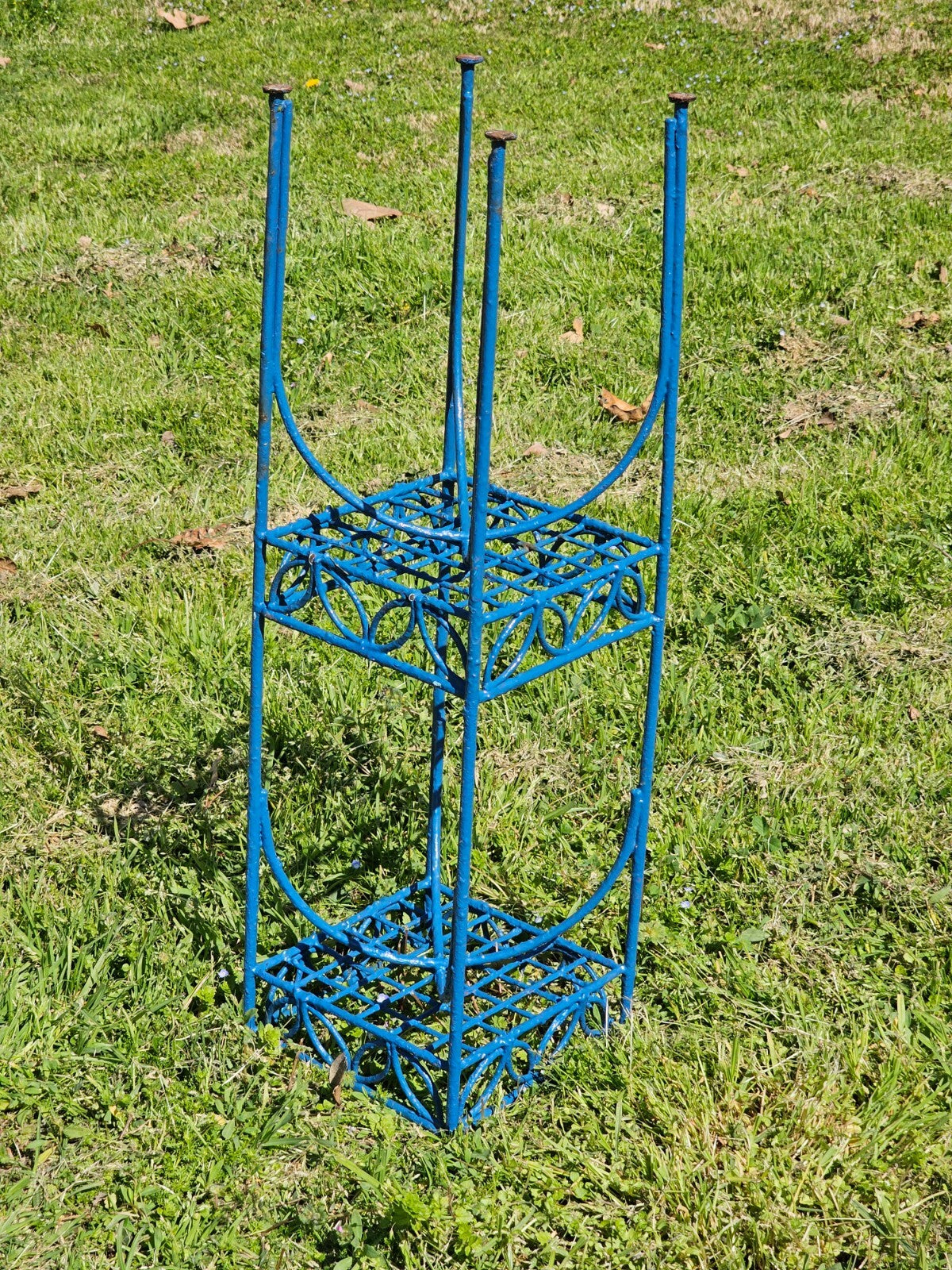 Mid-Century Blue Metal 2-Tier Plant Stand 8" x 8" x 28"H