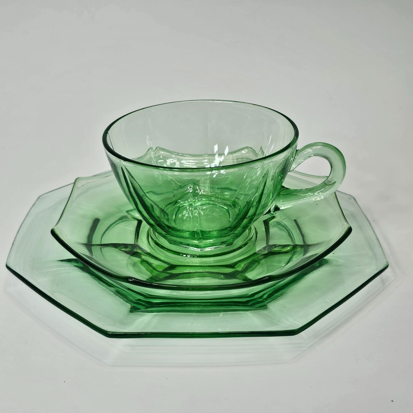 Set of 3 Heisey Ribbed Octagon Green Cup & Saucer + Dessert Plate Set (A)