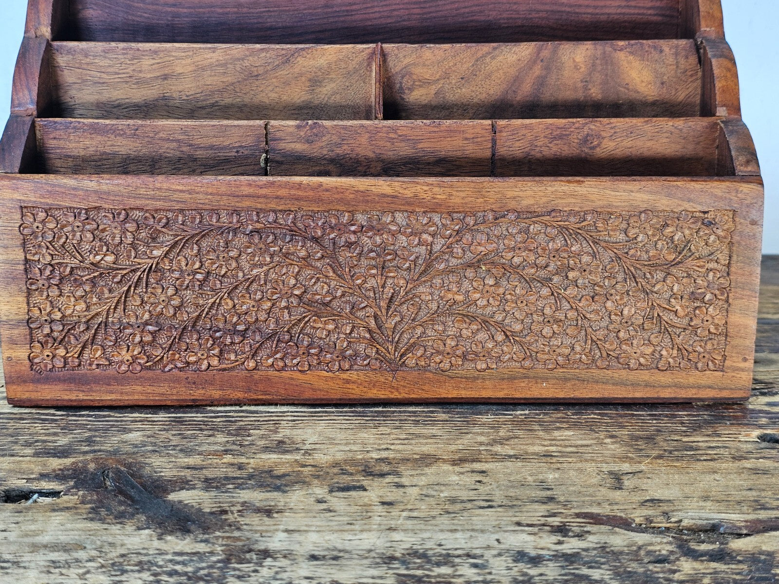 Vintage Indian Floral Wood Carved Desk Letter Stationery Rack