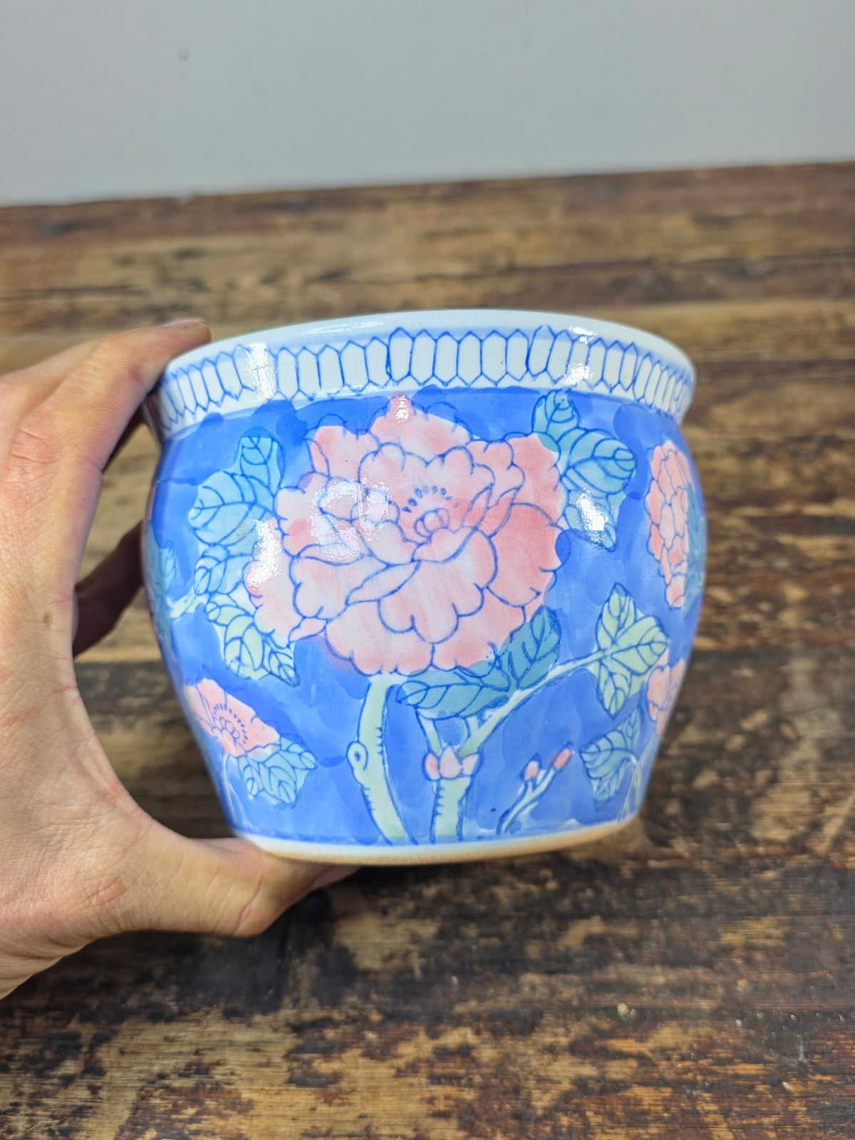 Chinese Porcelain Mini Fishbowl Planter – Blue & Pink Floral 6"Dia x 4.5"H