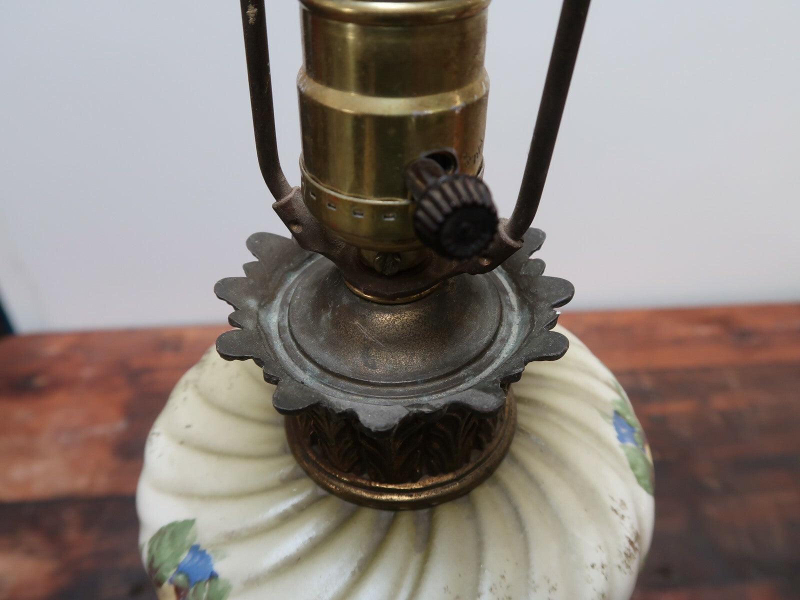Antique Floral Design Tole and Brass Table Lamp 6.5" x 6.5" x H32.5" (To Harp)