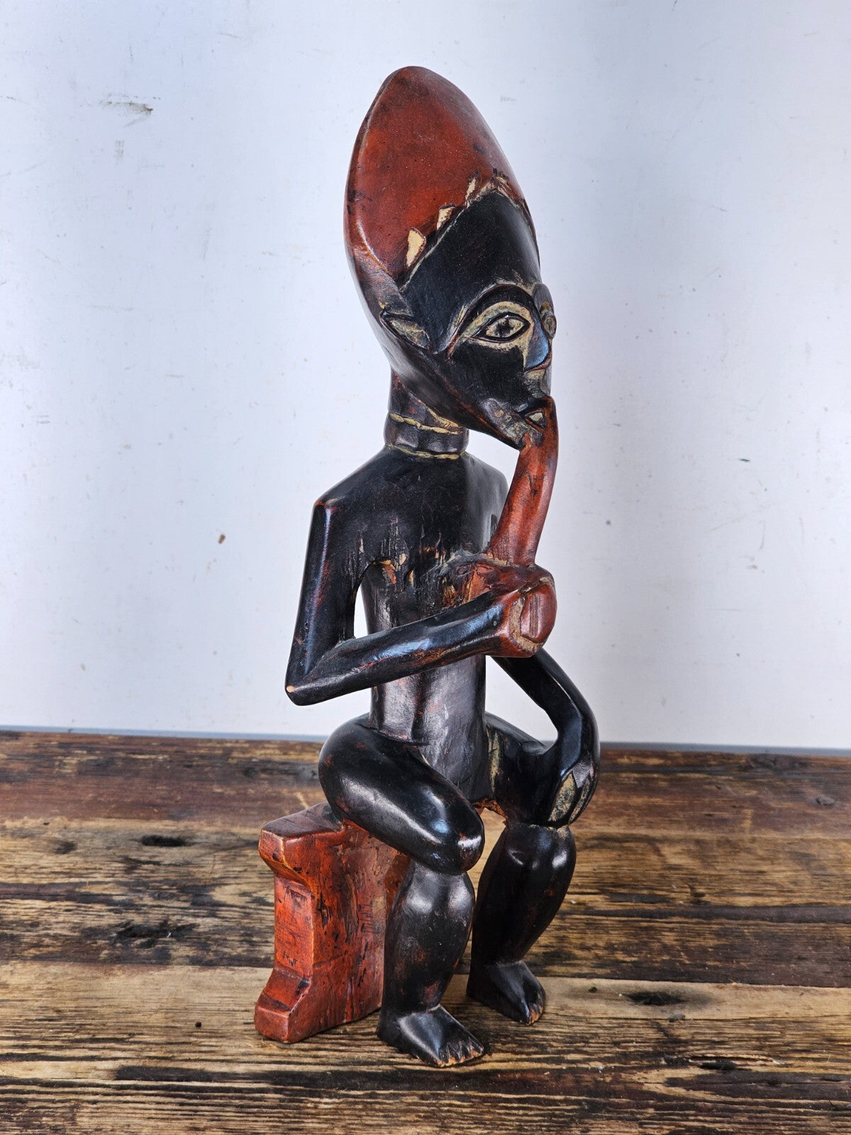 Ghana Ashanti Traditional Wooden Smoking Man Sculpture 13"H x 4.5"W x 3"D