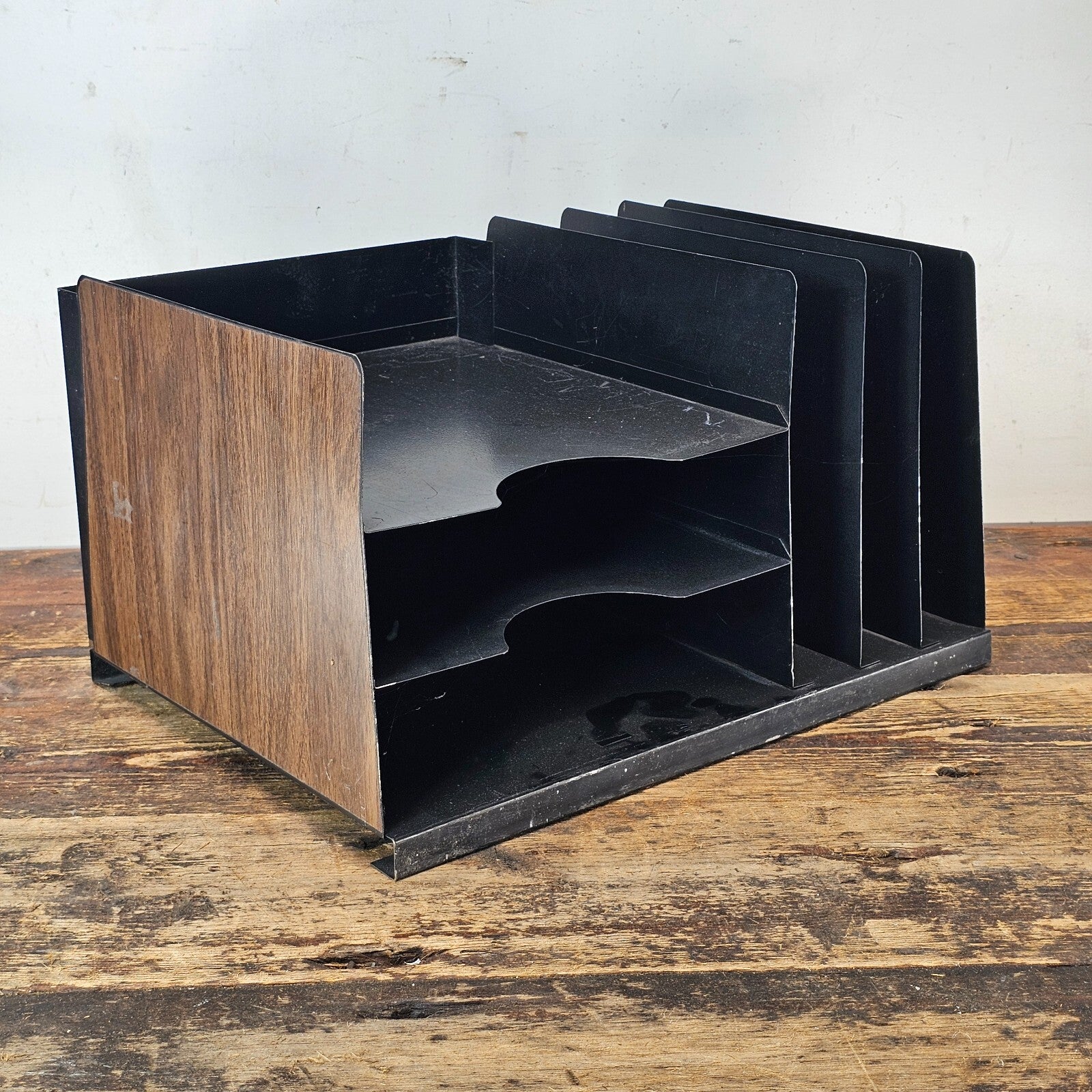 Vintage Mid-Century Hunt Desk Organizer with Wood Grain Finish