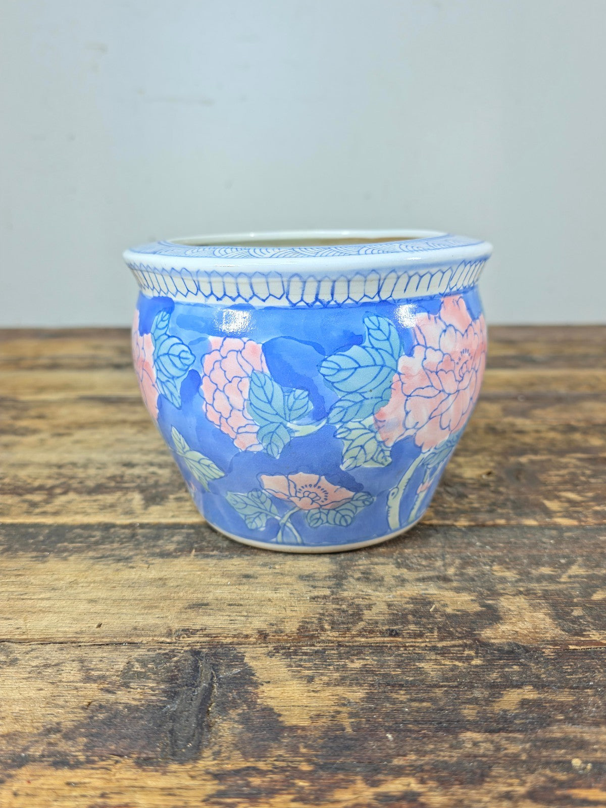 Chinese Porcelain Mini Fishbowl Planter – Blue & Pink Floral 6"Dia x 4.5"H
